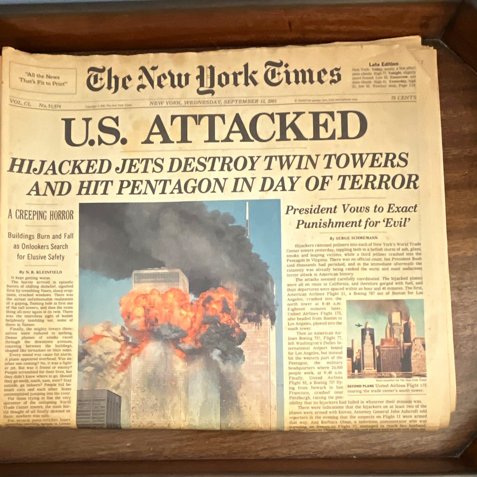 The New York Times Sept 12, 2001 Late Edition Newspaper "U.S. ATTACKED" The New York Times Sept 12, 2001 Late Edition Newspaper "U.S. ATTACKED"