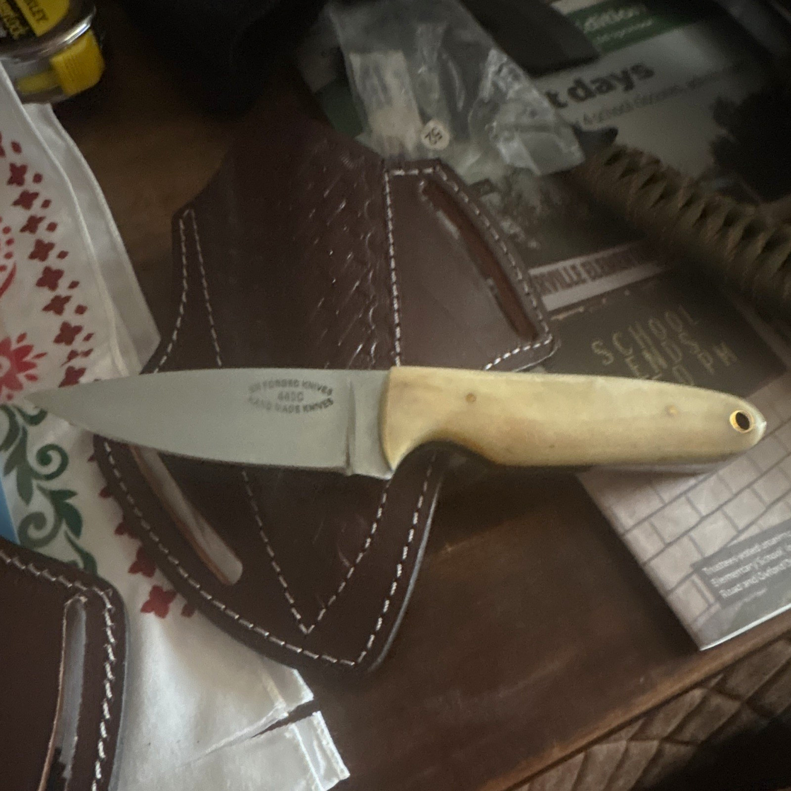 Hunting Fixed Blade 440C Drop Point Bone Full Tang Sheath