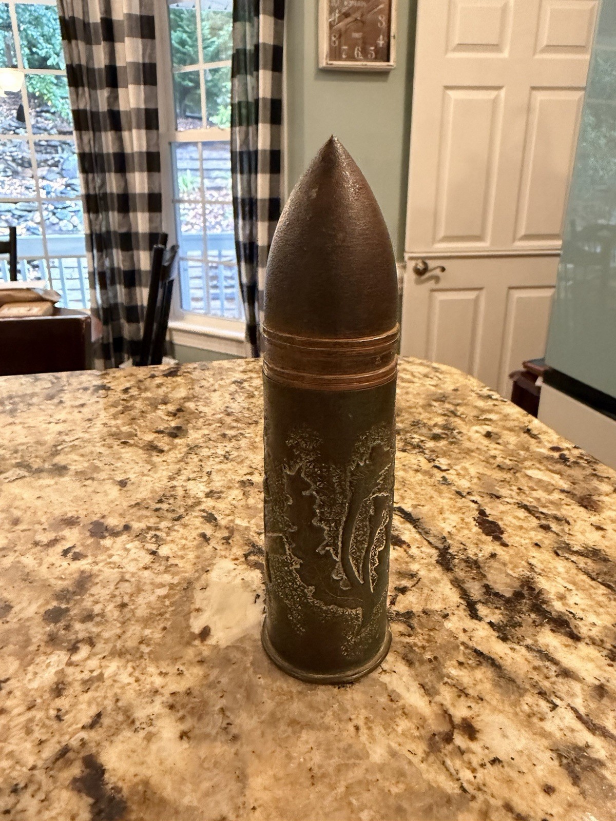 WWI 1918 French 37mm Artillery Shell Trench Art Engraved Crosses & Flowers WWI 1918 French 37mm Artillery Shell Trench Art Engraved Crosses & Flowers