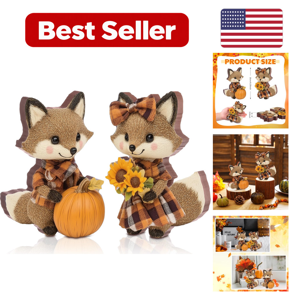 2 pcs Fall Fox Figurines Wooden - Brown - For Home 2 pcs Fall Fox Figurines Wooden - Brown - For Home