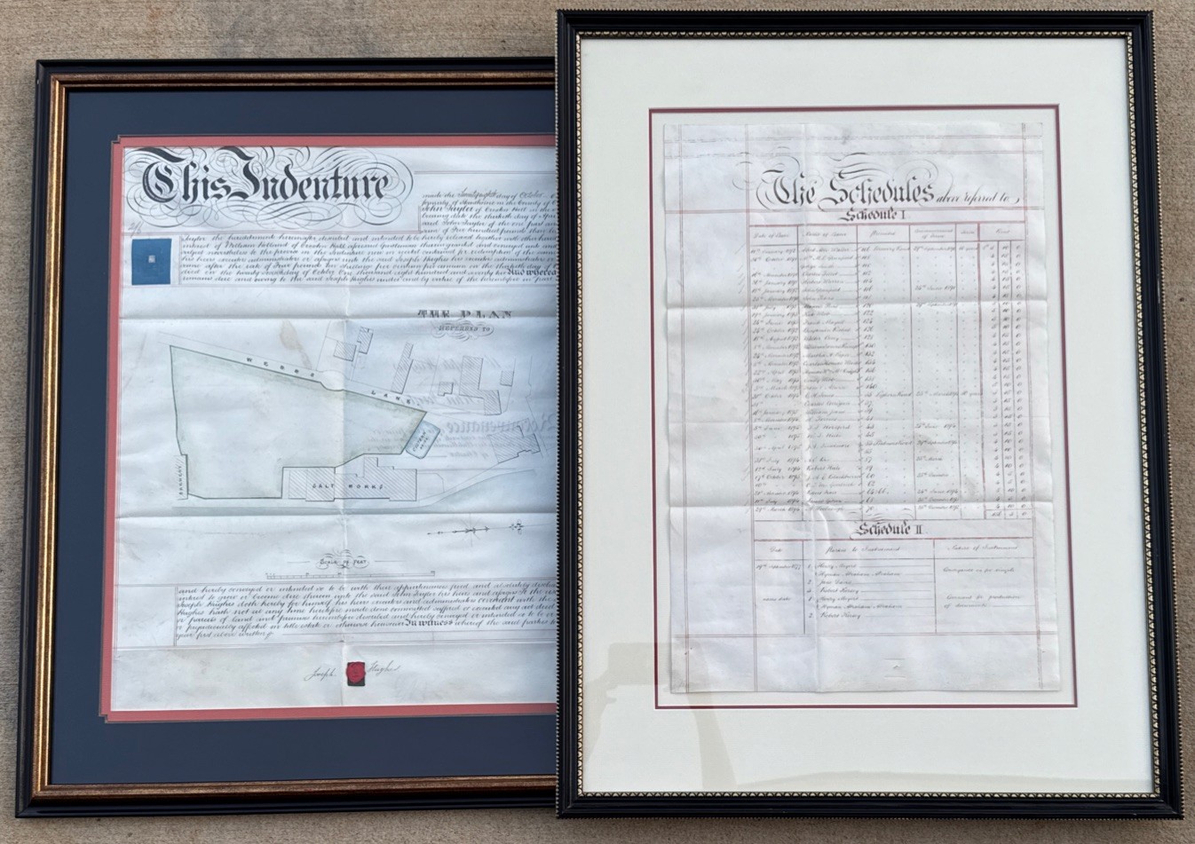 1879 British Indenture & Schedules Set w/ Wax Seals & Property Map – Framed 1879 British Indenture & Schedules Set w/ Wax Seals & Property Map – Framed