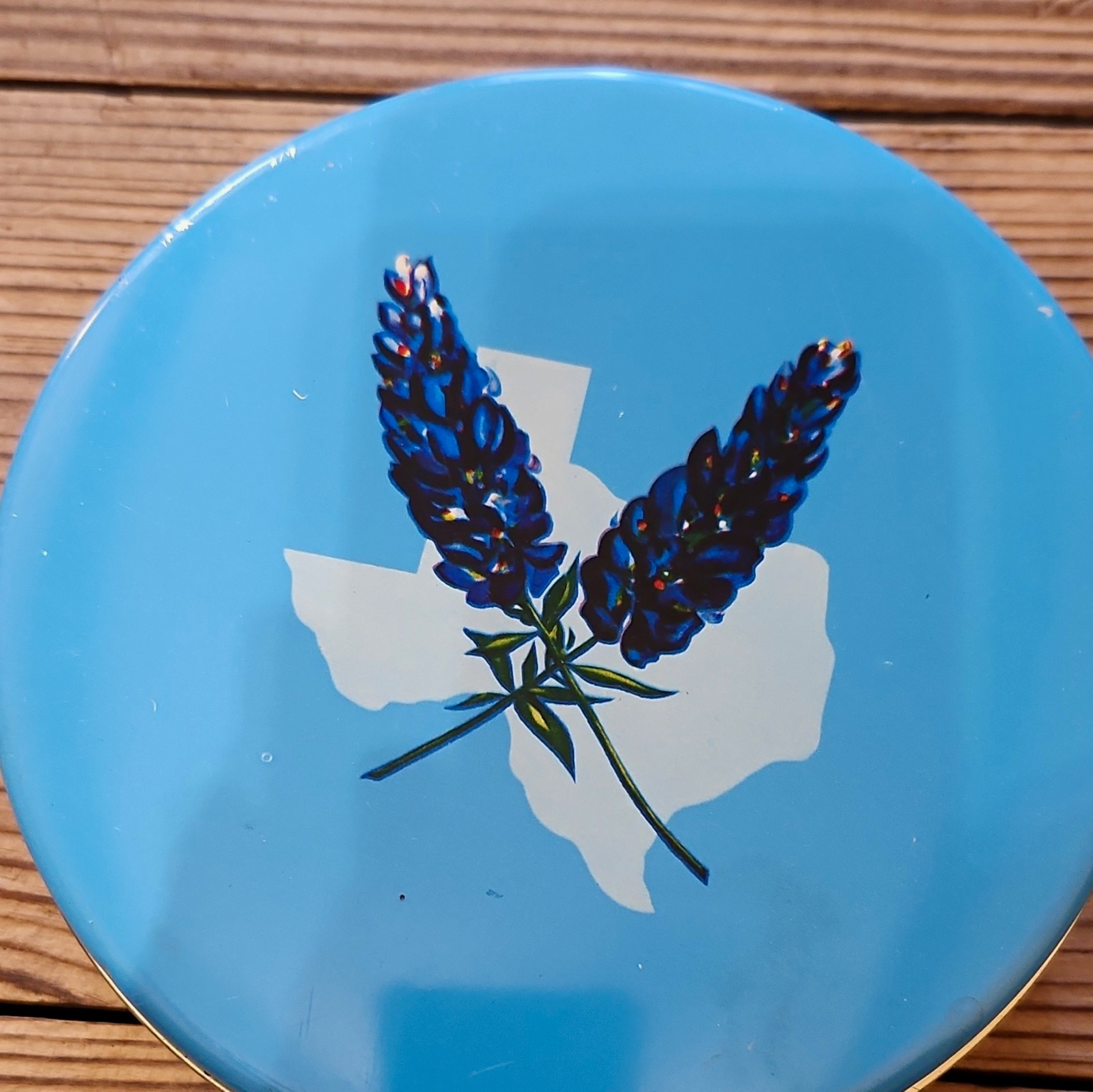 Vintage Texas Souvenir Tin Blue Lid Texas History Scenes-Blubonnet Flower-Round