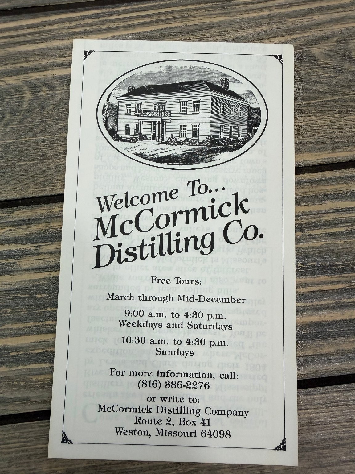McCormick Distilling Co. Weston Missouri Distillery Tour Brochure Spirits List McCormick Distilling Co. Weston Missouri Distillery Tour Brochure Spirits List