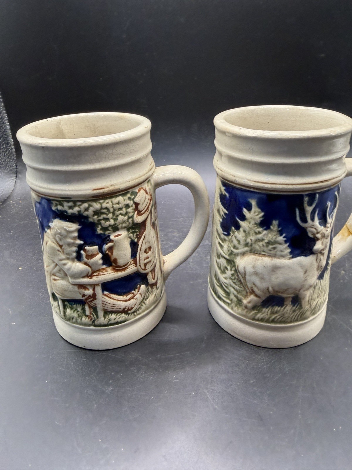 2 Vintage German Beer Steins Ceramic Stoneware Relief Mugs Made in Germany 2 Vintage German Beer Steins Ceramic Stoneware Relief Mugs Made in Germany