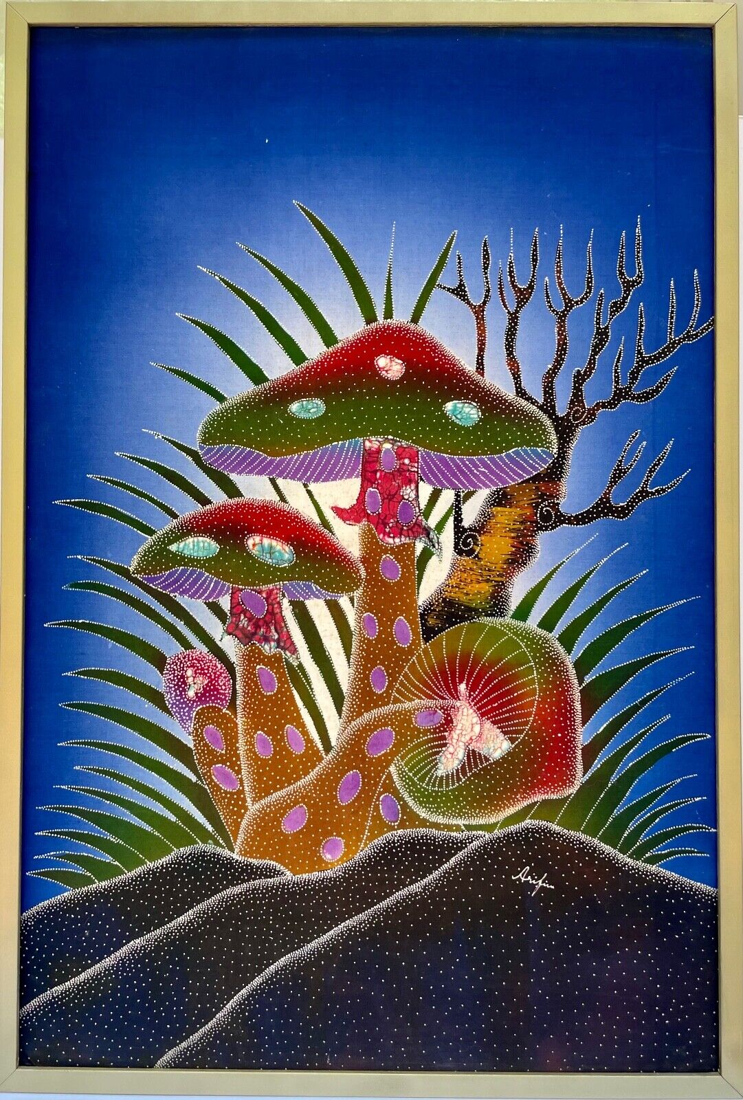 Vtg Framed Original Signed Indonesian Batik Waxing/Dyeing  Art Mushrooms 24