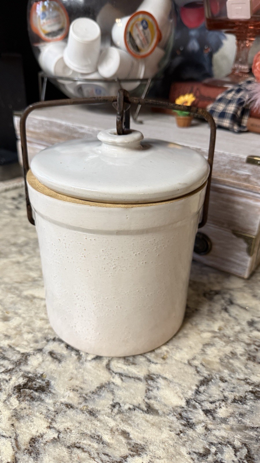 Antique c1900 Stoneware Fruit Preserve Canning Jar Lid Wire Bail Marked 747 Antique c1900 Stoneware Fruit Preserve Canning Jar Lid Wire Bail Marked 747