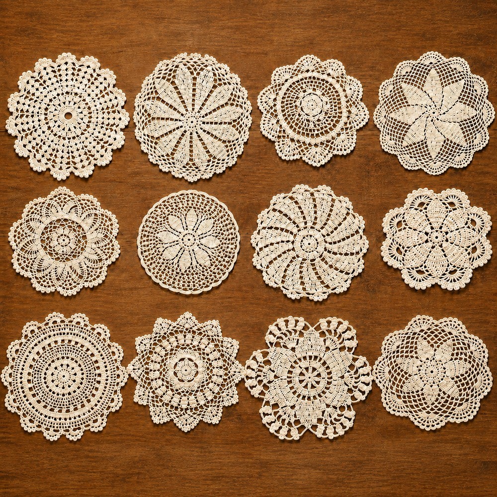 12Pcs/Lot 7-8in Vintage Hand Crochet Doilies Cotton Lace Doily Flower Placemats
