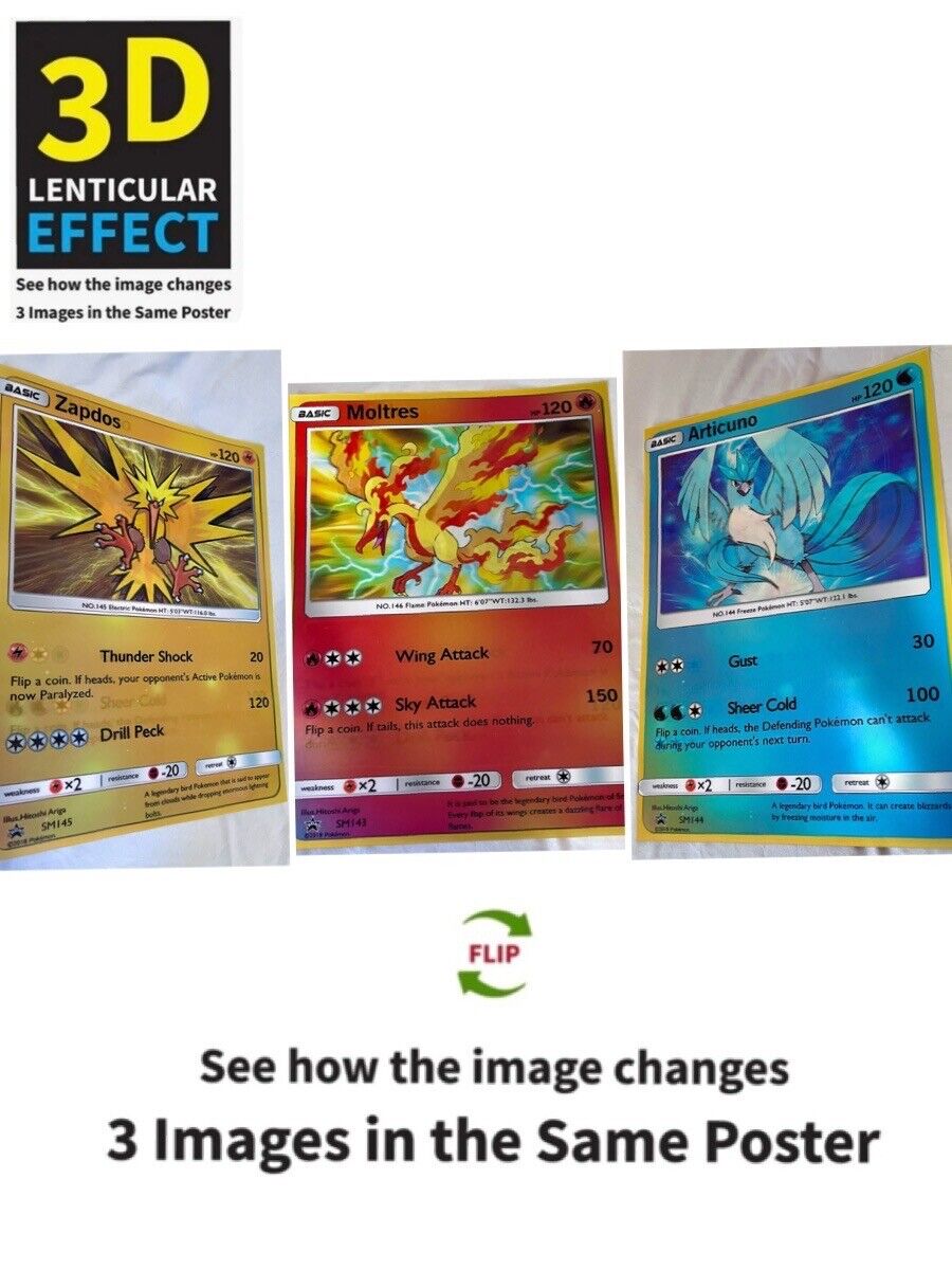 Pokémon-Zapdos,Moltres,Articuno-3D Poster 3D Lenticular Flip Effect,3 In One