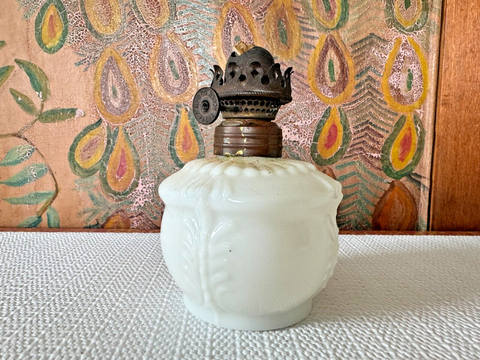 Antique Miniature P&A Acorn Milk Glass Oil Lamp