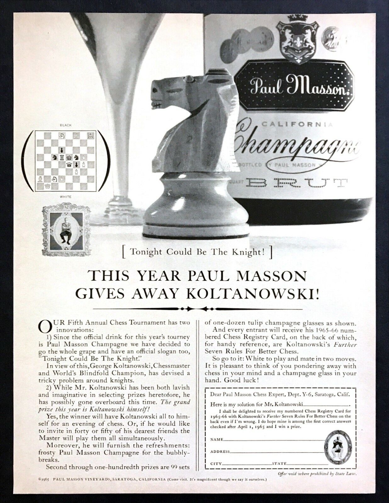 1965 Chessmaster George Koltanowski Chess Problem Paul Masson Champagne print ad