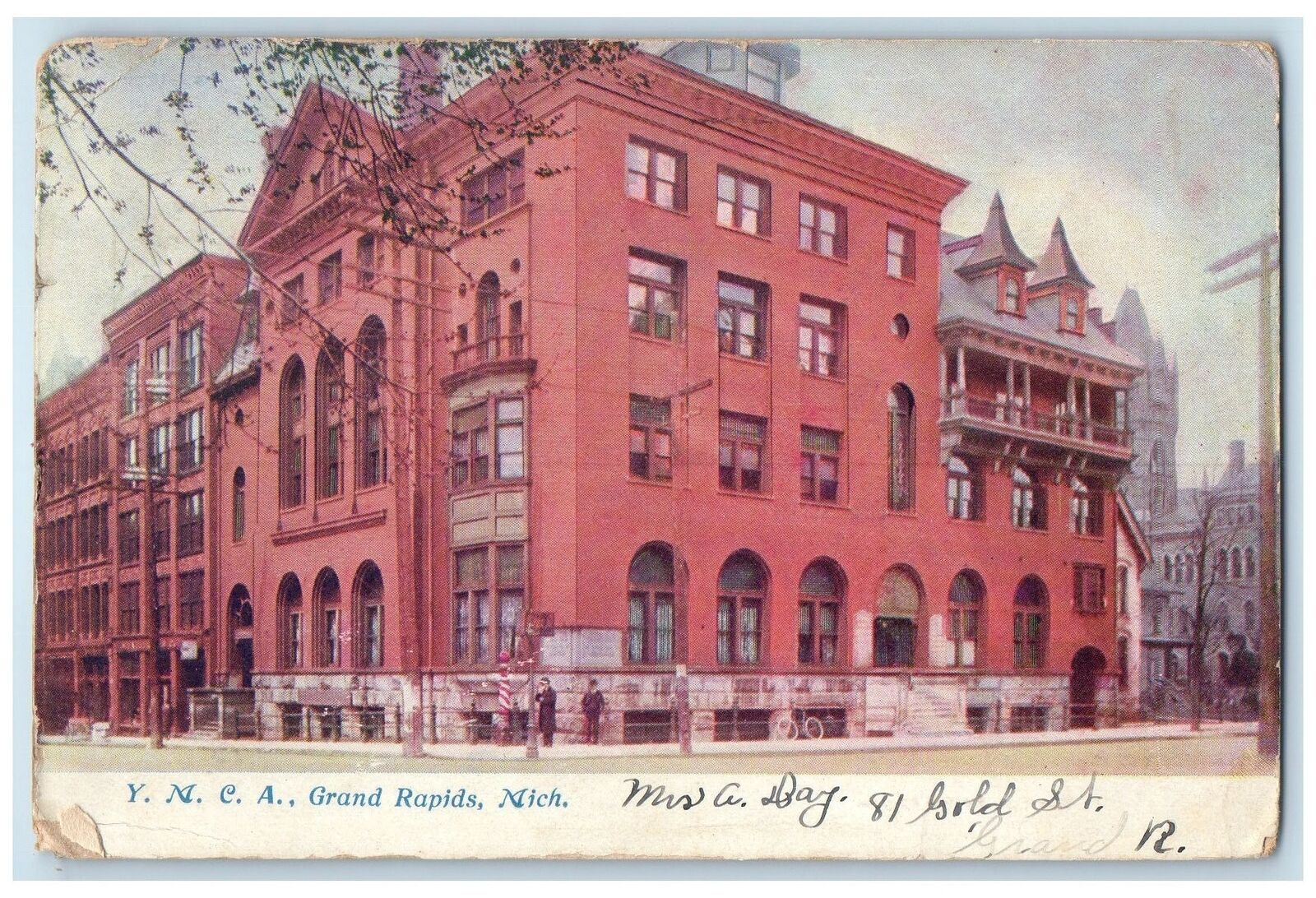 1907 Y.M.C.A. Exterior Roadside Grand Rapids Michigan MI Posted Trees Postcard