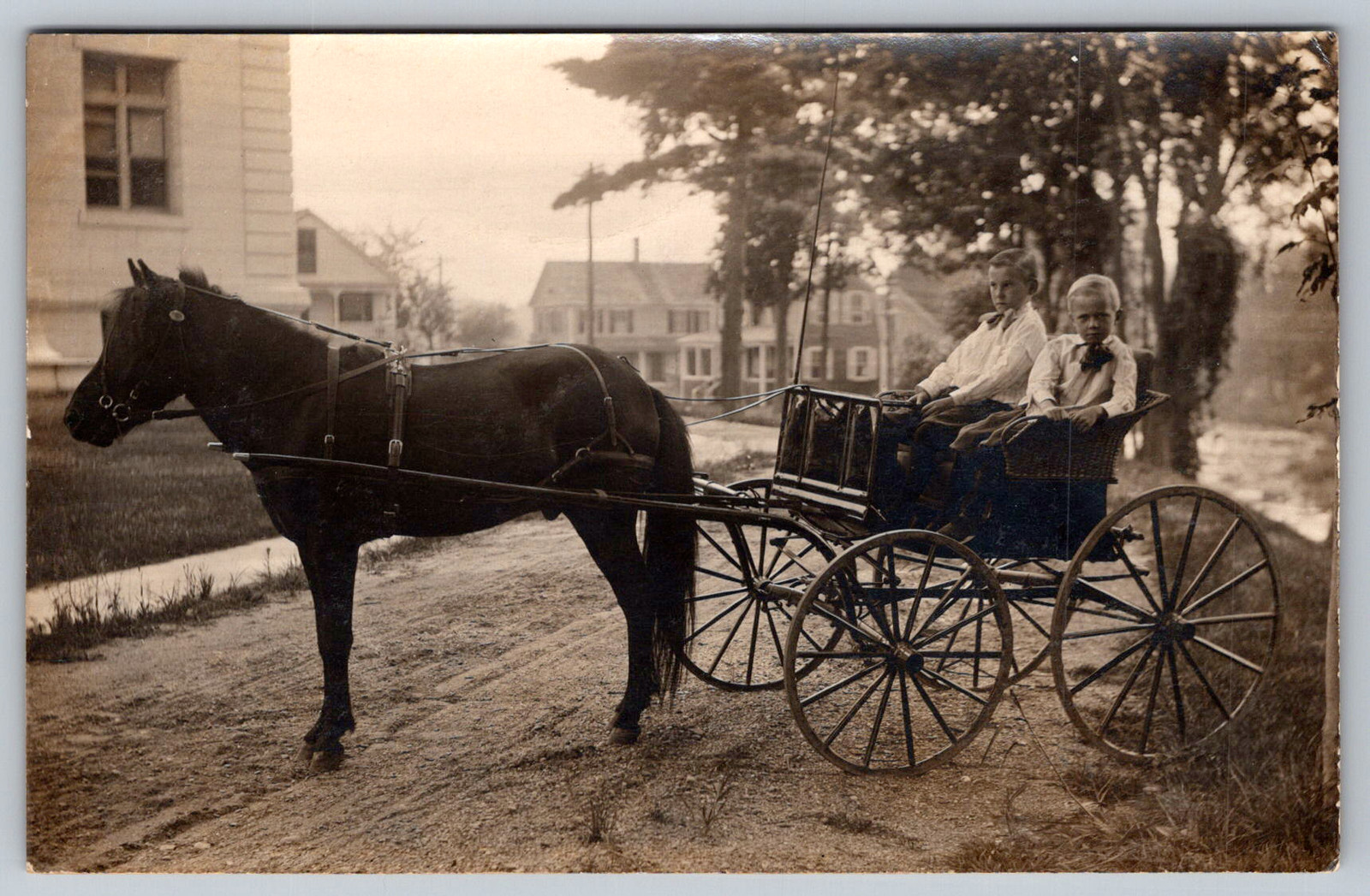 RPPC c1910s Two Young Boys Driving Wicker Basket Pony Cart Small Postcard RPPC c1910s Two Young Boys Driving Wicker Basket Pony Cart Small Postcard