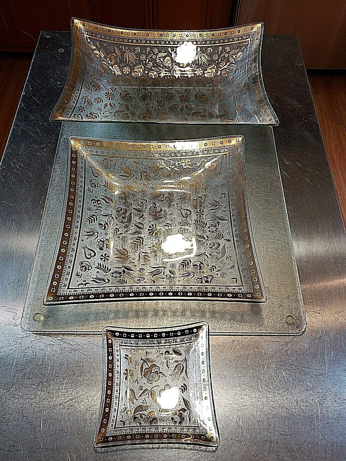VTG 1950's 3 MCM Georges Briard Persian Garden Bent Glass Barware Trays Signed VTG 1950's 3 MCM Georges Briard Persian Garden Bent Glass Barware Trays Signed