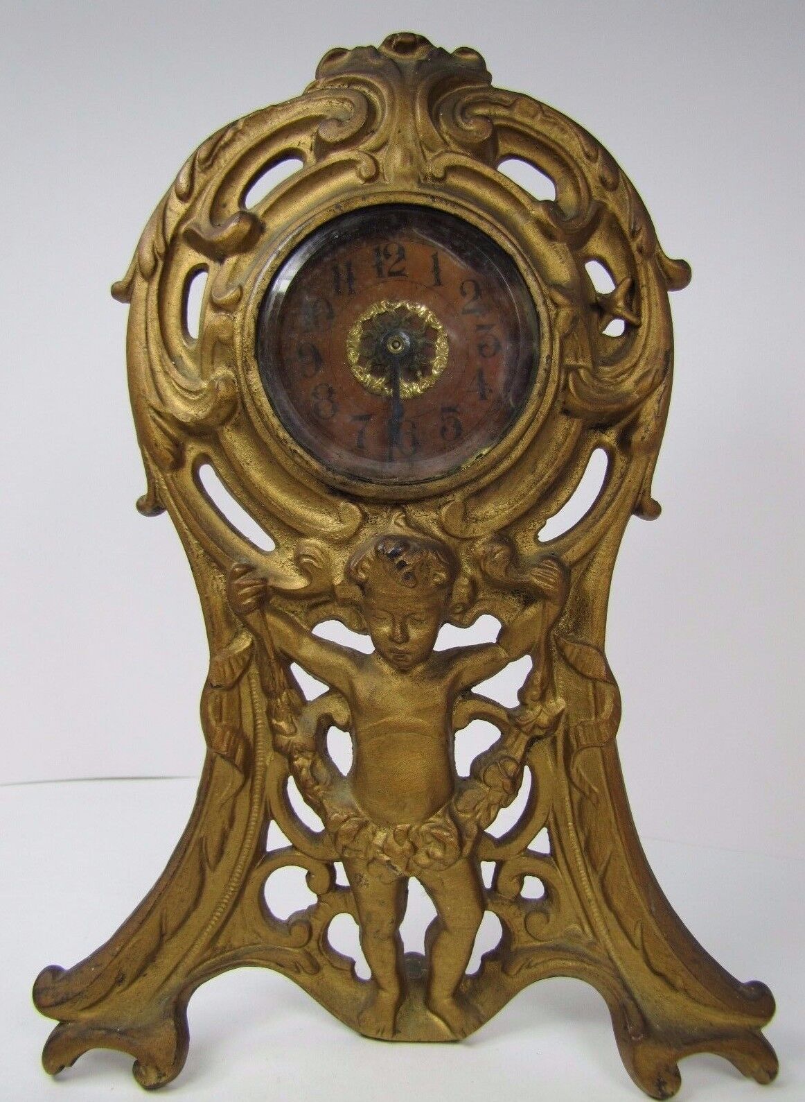 19c Cherub Scrollwork Clock Old Gold Bevel Edge Glass Pat Applied Decorative Art