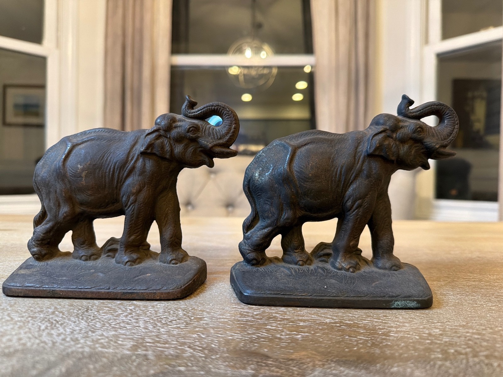Antique Hubley Cast Iron Elephant Bookends Pair Marked 373 Circa 1920s Trunk Up Antique Hubley Cast Iron Elephant Bookends Pair Marked 373 Circa 1920s Trunk Up