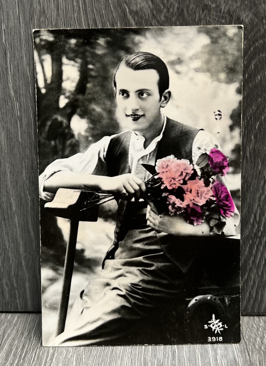 Vintage Hand Tinted Postcard Man with Flowers Spanish Tarjeta Postal Early 1900s Vintage Hand Tinted Postcard Man with Flowers Spanish Tarjeta Postal Early 1900s