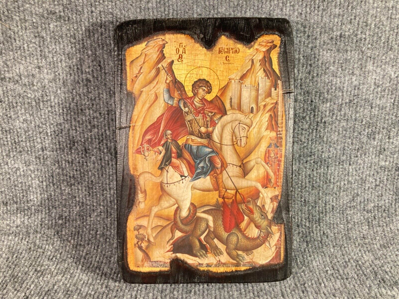 Vintage Orthodox St. George Slayer Of Dragons Icon Wood 8 1/2 x 5 3/4 x 7/8” VTG