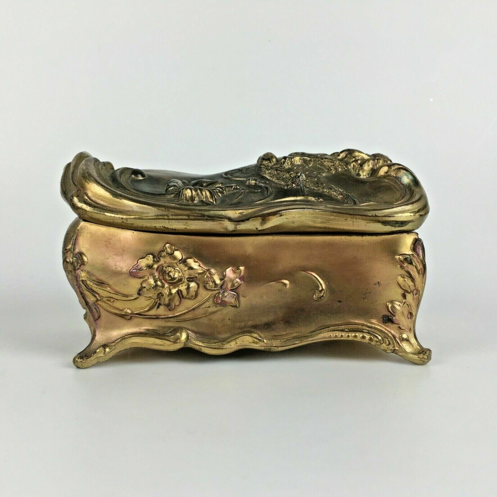 Antique Victorian Art Nouveau Jewelry Casket Box Gold Tone Flower Bird Silk Gift Antique Victorian Art Nouveau Jewelry Casket Box Gold Tone Flower Bird Silk Gift