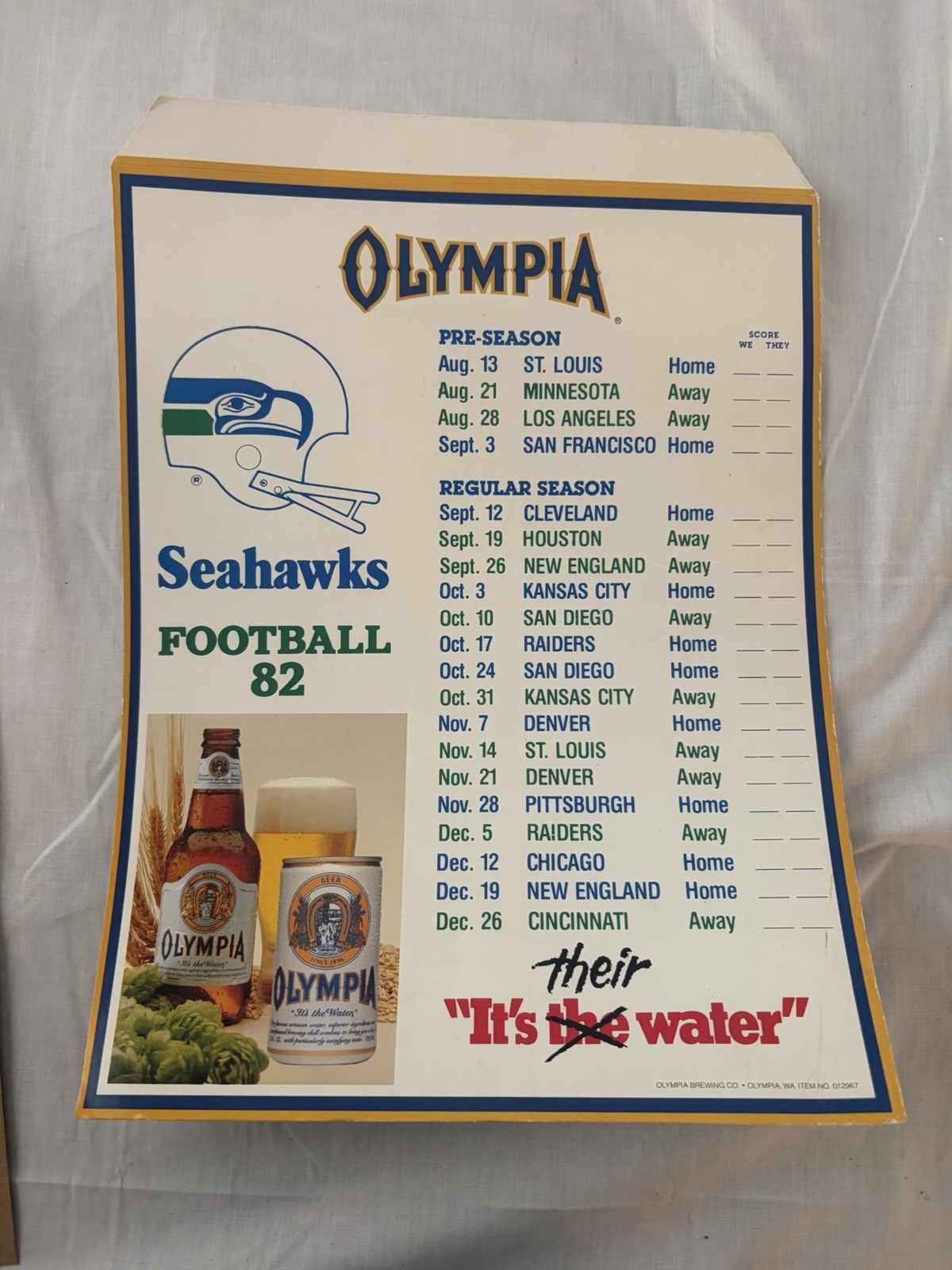 Vintage 1982 Seattle Seahawks Olympia Beer Schedule Easel Sign Display 12x15
