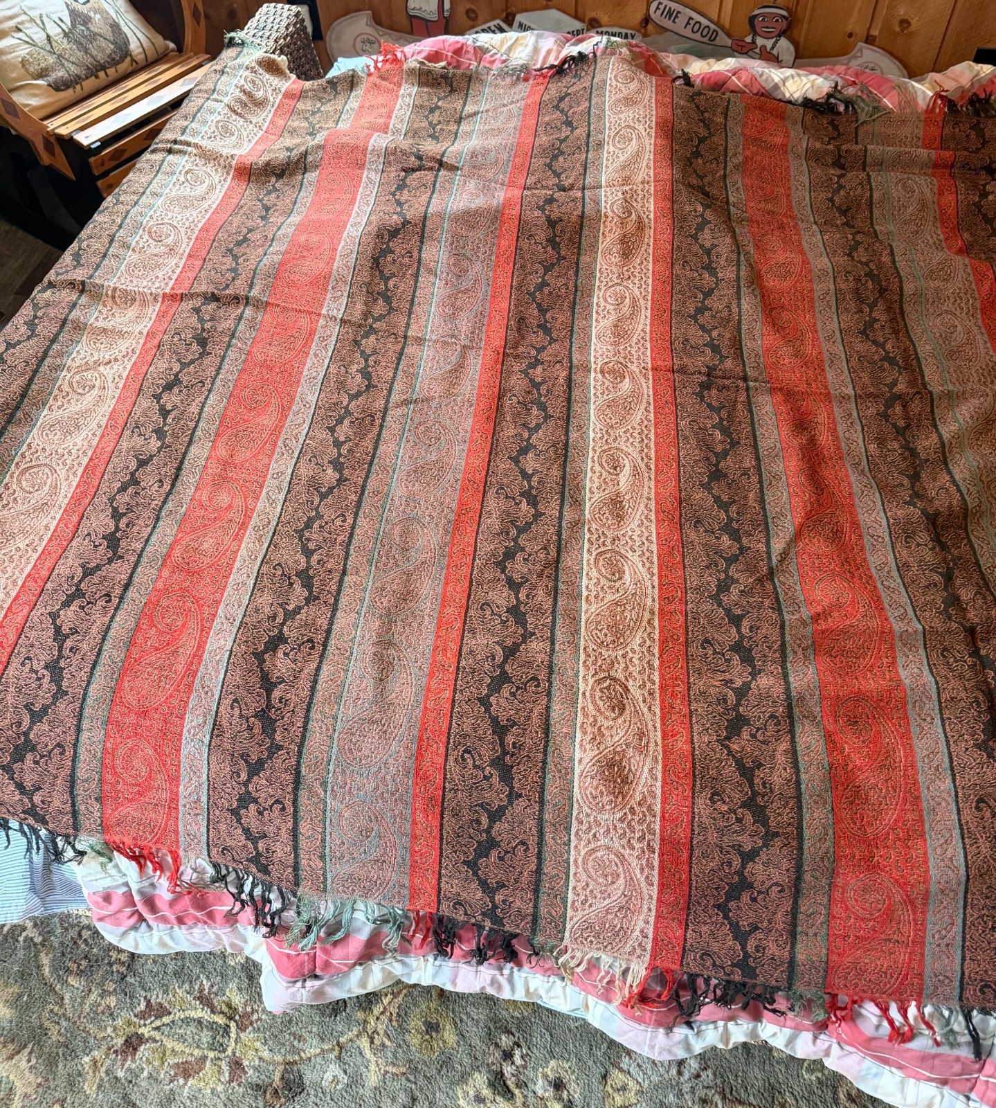 HUGE Antique Paisley Shawl Piano Scarf Throw Fringe Kashmir 114 x 63