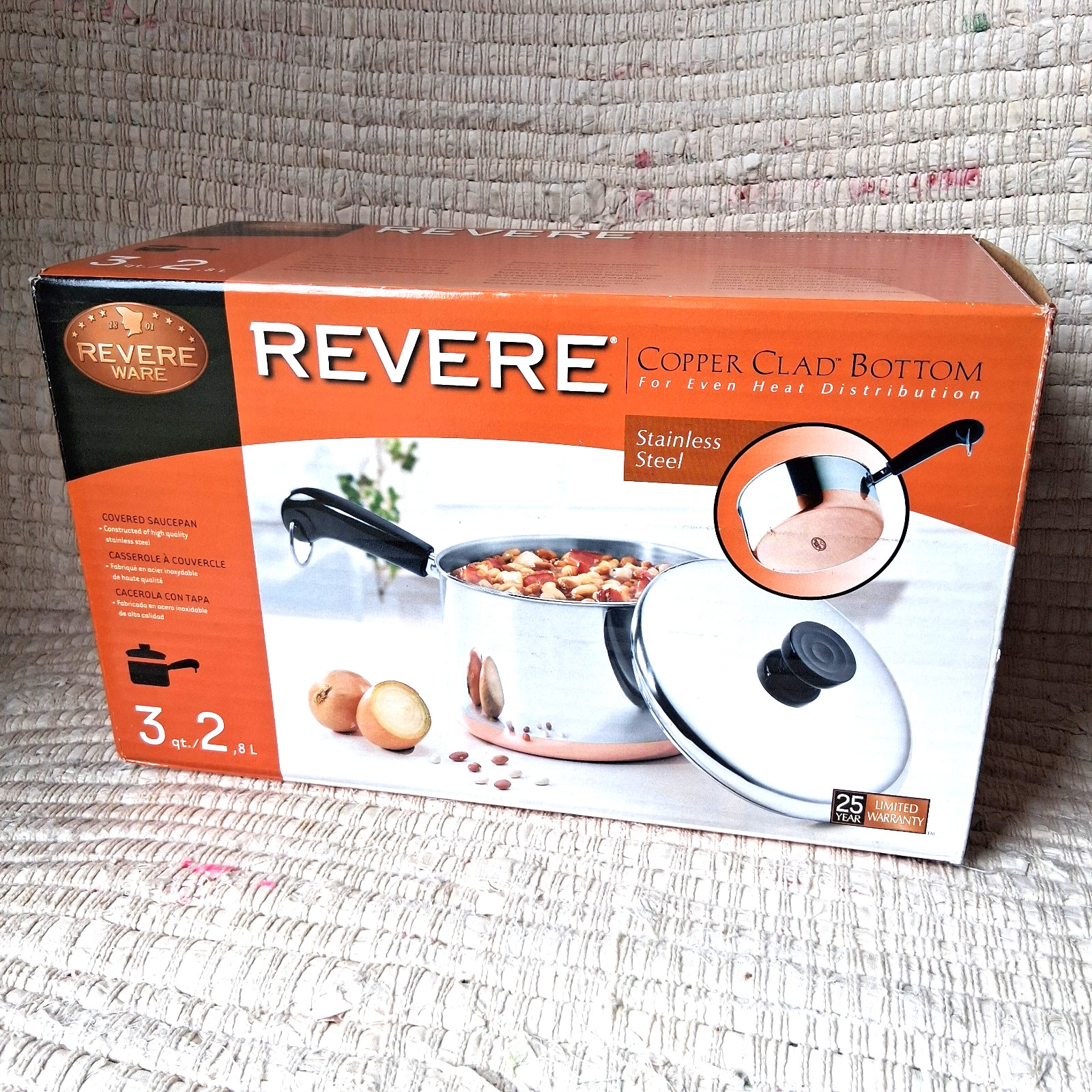 Vintage Revere Ware 3 Qt Copper Clad Bottom Sauce Pan Pot with Lid NEW in Box Vintage Revere Ware 3 Qt Copper Clad Bottom Sauce Pan Pot with Lid NEW in Box