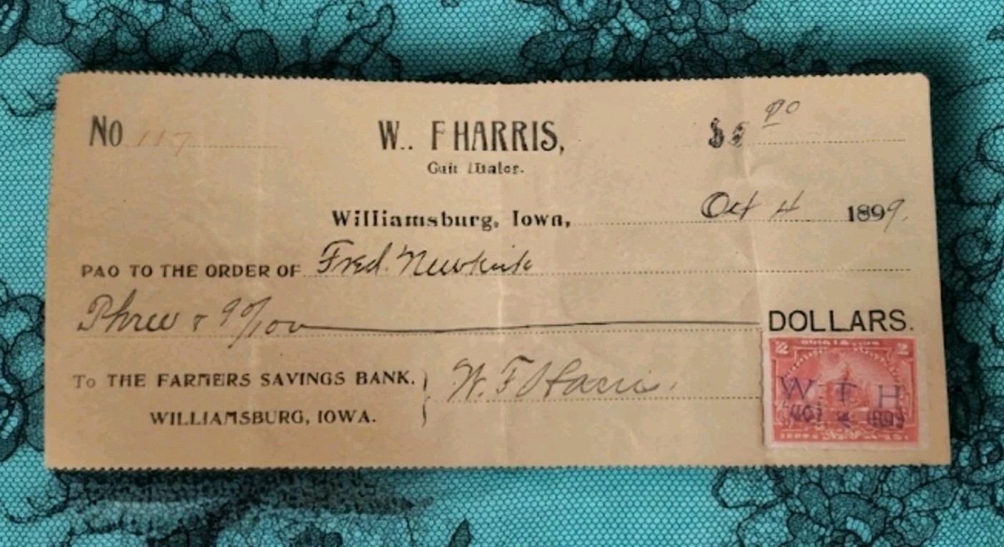 Antique 1899 W.F. Harris Grain Dealer Check – Williamsburg, Iowa / Revenue Stamp Antique 1899 W.F. Harris Grain Dealer Check – Williamsburg, Iowa / Revenue Stamp