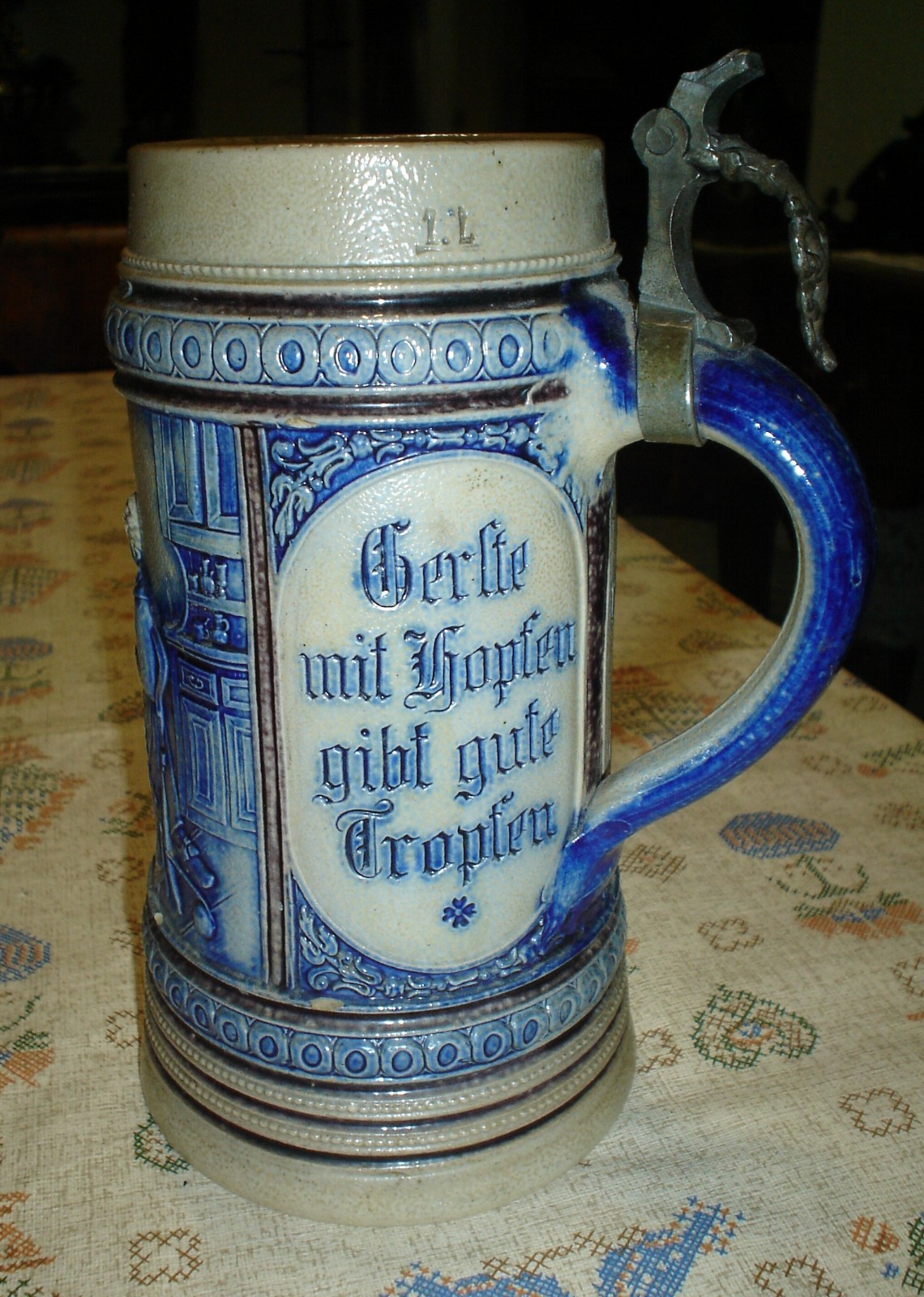 Beautiful Large Antique German Blue and White Stoneware Stein Beautiful Large Antique German Blue and White Stoneware Stein