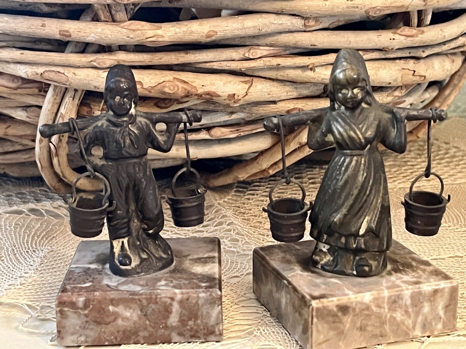 VTG Brass Bronze Dutch Boy Girl Figurines Water Buckets Marble Base Pair 4.5"