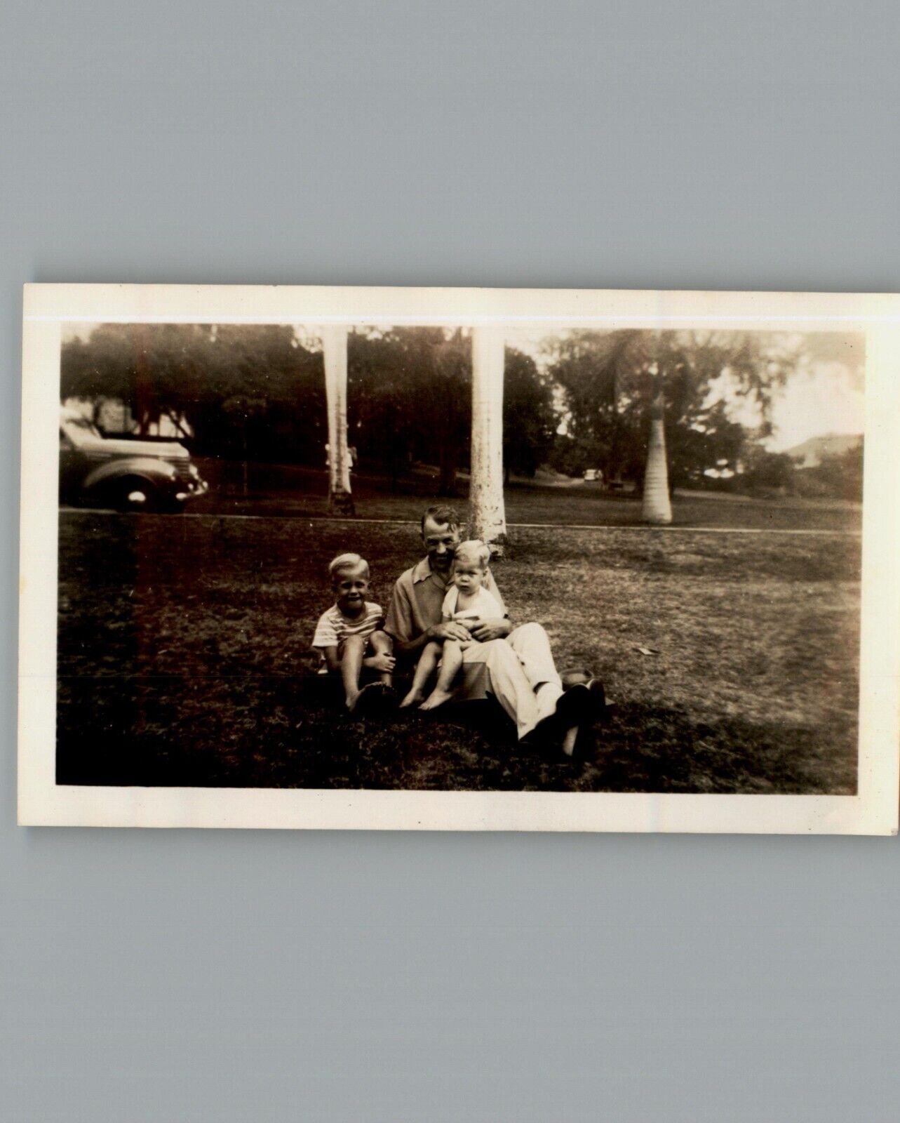 Antique 1940's Father Sitting With Kids - Black & White Photography Photos