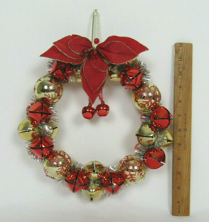 VTG 1960s 70s GOLD & RED METAL JINGLE BELLS CHRISTMAS WREATH 10 1/2" RED RIBBON VTG 1960s 70s GOLD & RED METAL JINGLE BELLS CHRISTMAS WREATH 10 1/2" RED RIBBON