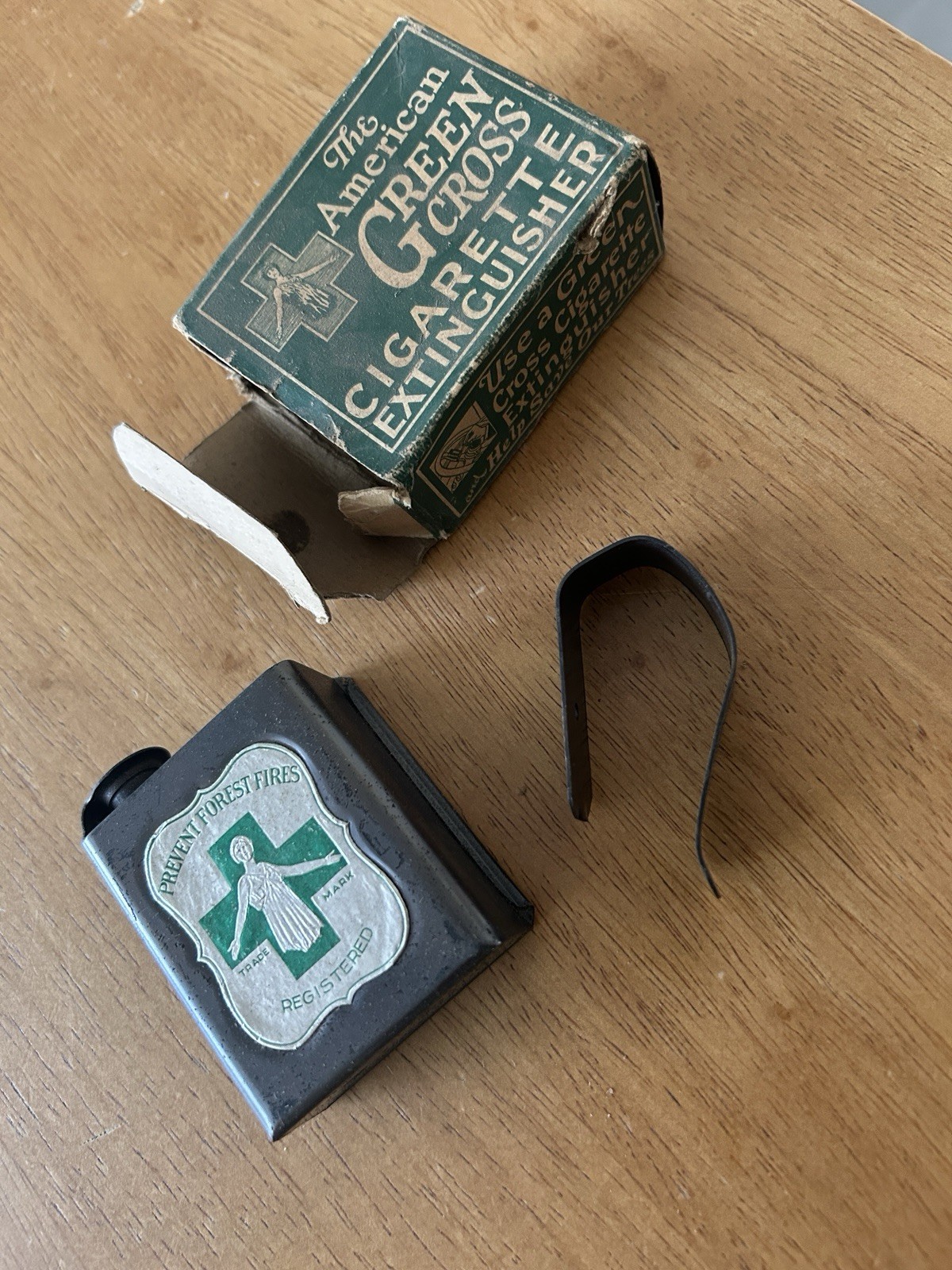 1920s/30s American Green Cross Prevent Forest Fires Cigarette Extinguisher + box 1920s/30s American Green Cross Prevent Forest Fires Cigarette Extinguisher + box
