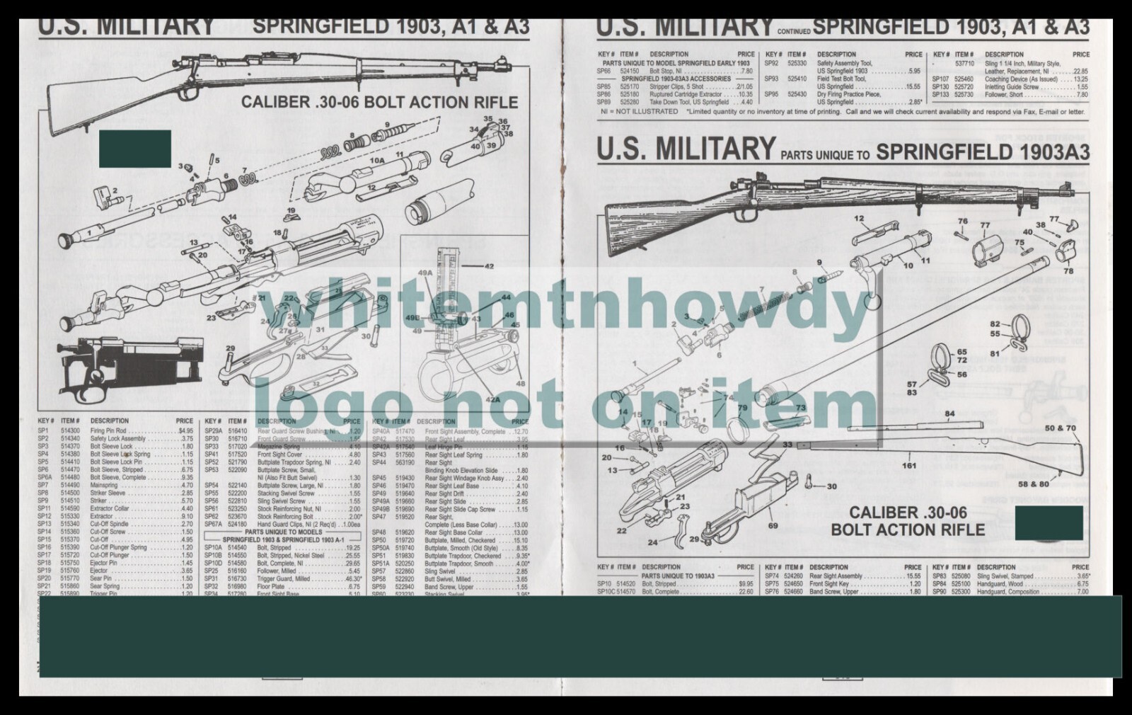 1999 U.S. MILITARY SPRINGFIEL1903 A1 & A3 1903A3 Rifle Schematic Parts List 1999 U.S. MILITARY SPRINGFIEL1903 A1 & A3 1903A3 Rifle Schematic Parts List