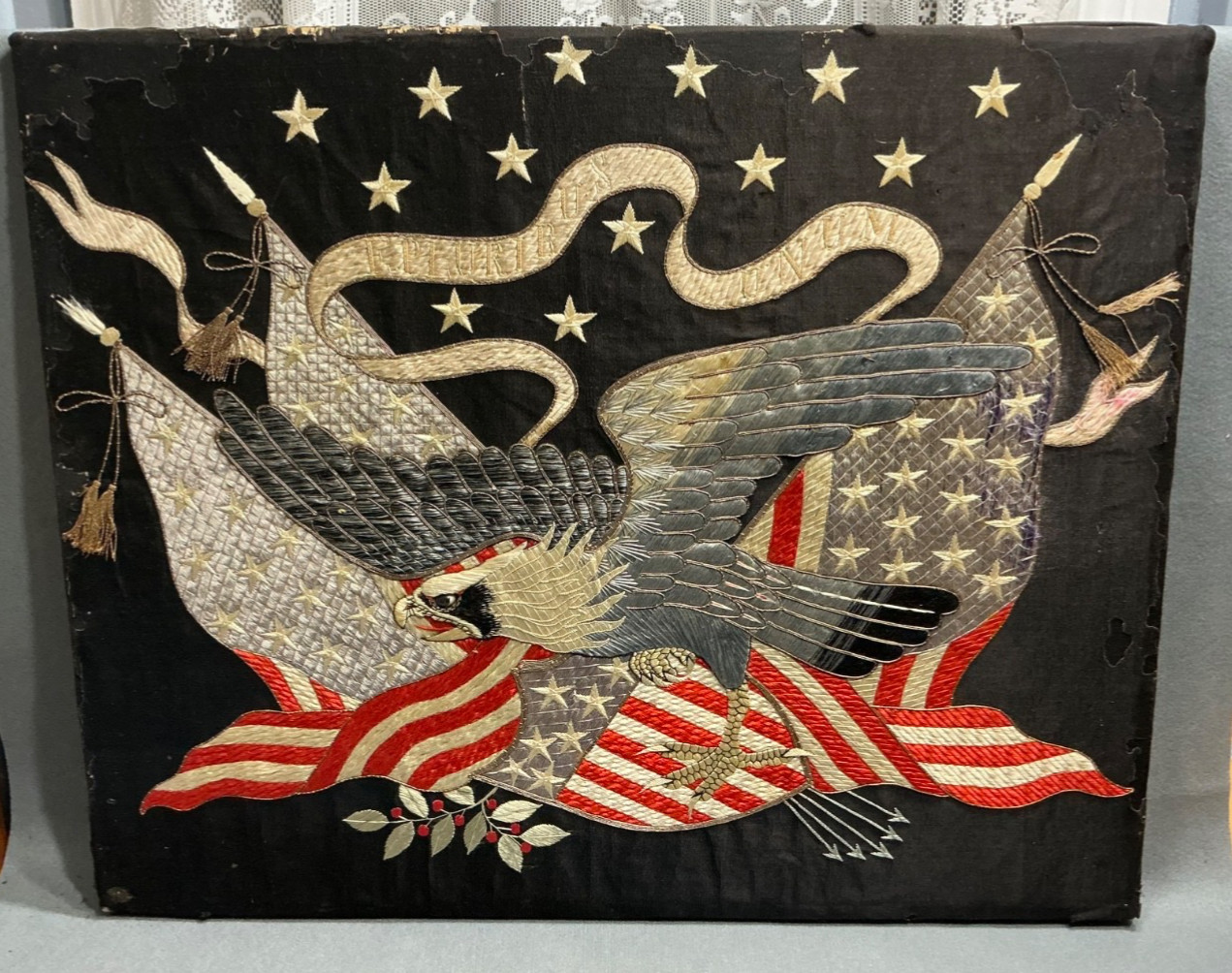 ANTIQUE c1908 GREAT WHITE FLEET JAPANESE SILK EMBROIDERY EAGLE & SHIELD BANNER ANTIQUE c1908 GREAT WHITE FLEET JAPANESE SILK EMBROIDERY EAGLE & SHIELD BANNER