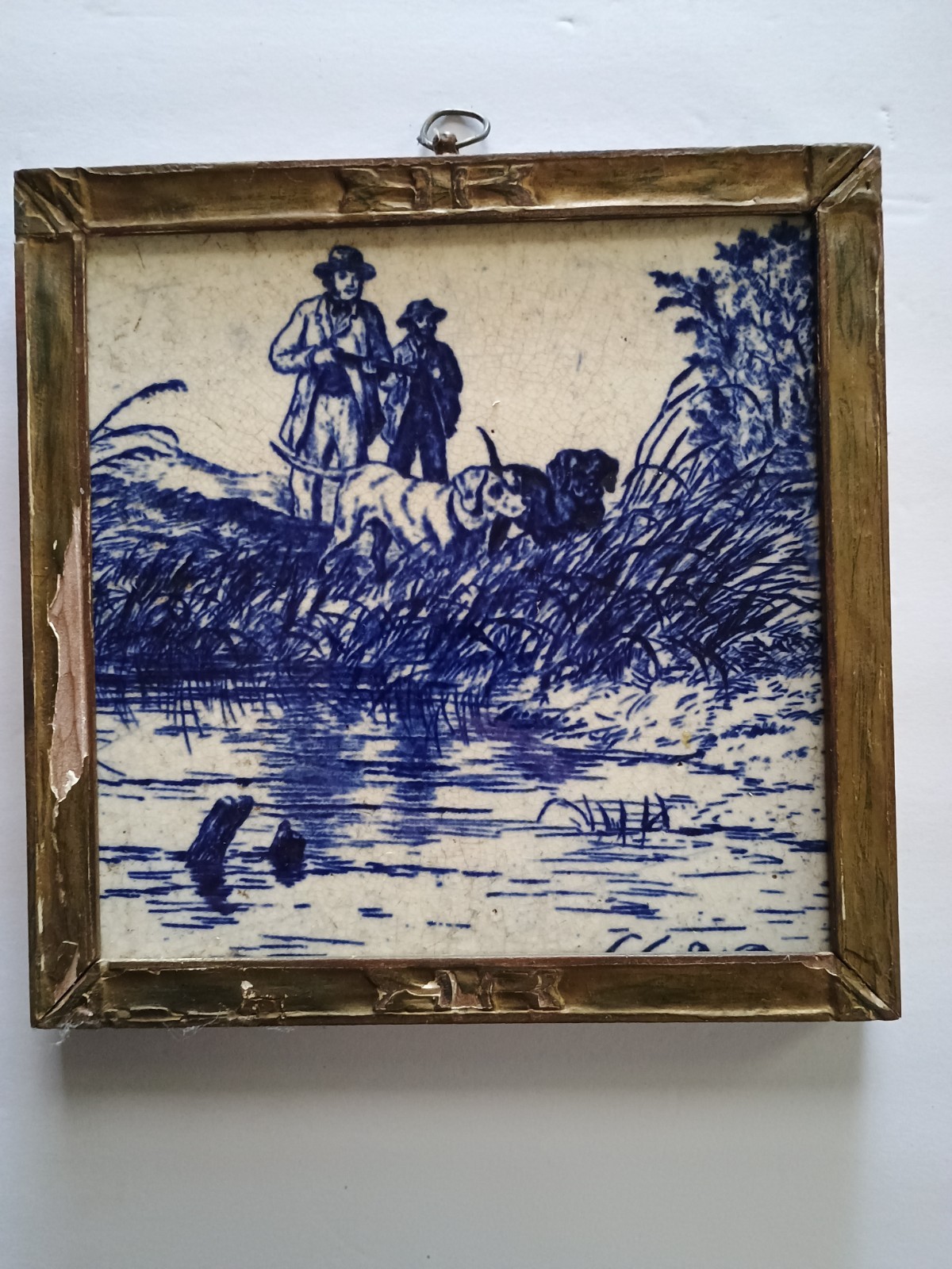 Antique Brown-Westhead Moore Tile Blue Transfer Sportsmen Dogs Shooting Hunting Antique Brown-Westhead Moore Tile Blue Transfer Sportsmen Dogs Shooting Hunting