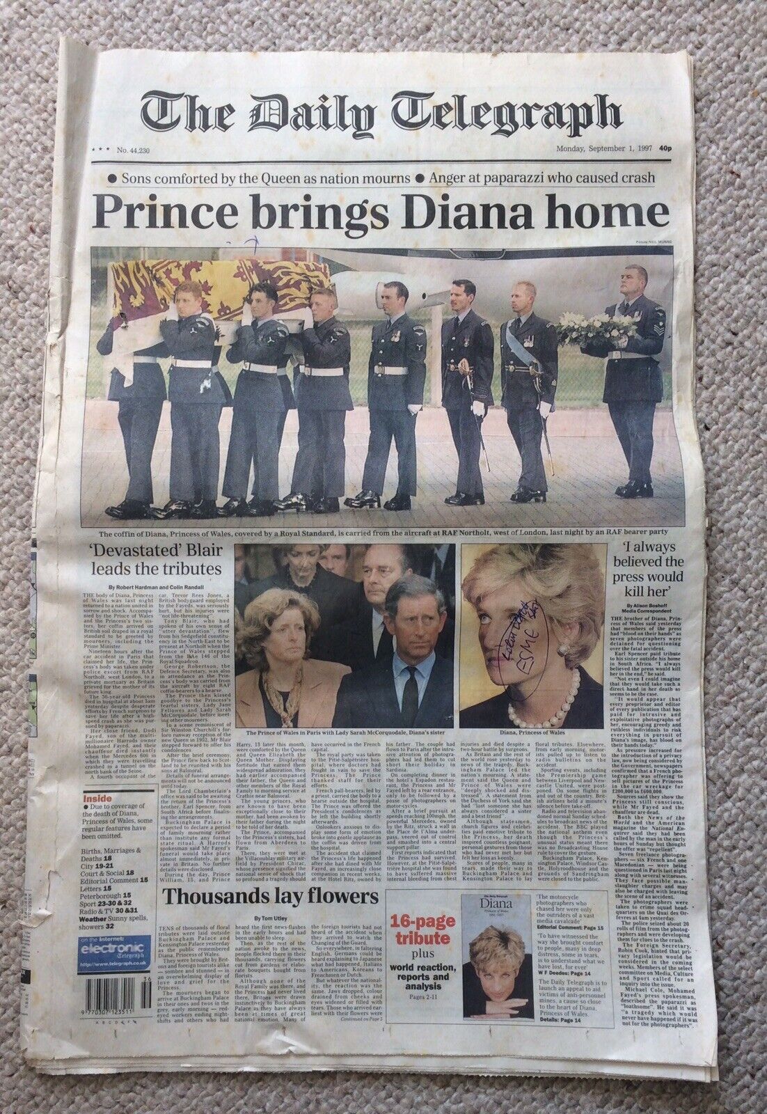 The Daily Telegraph ORIGINAL Mon Sept 1 1997 (Prince brings Diana home) + Insert