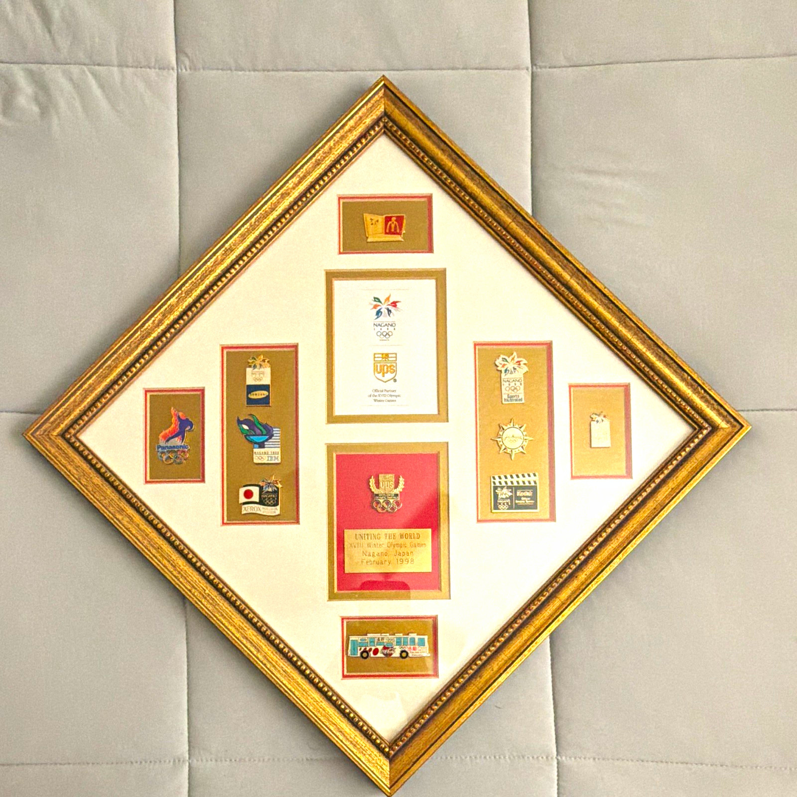 1998 Nagano Framed Olympics pin Collection Display Lot UPS employee keepsake. 1998 Nagano Framed Olympics pin Collection Display Lot UPS employee keepsake.