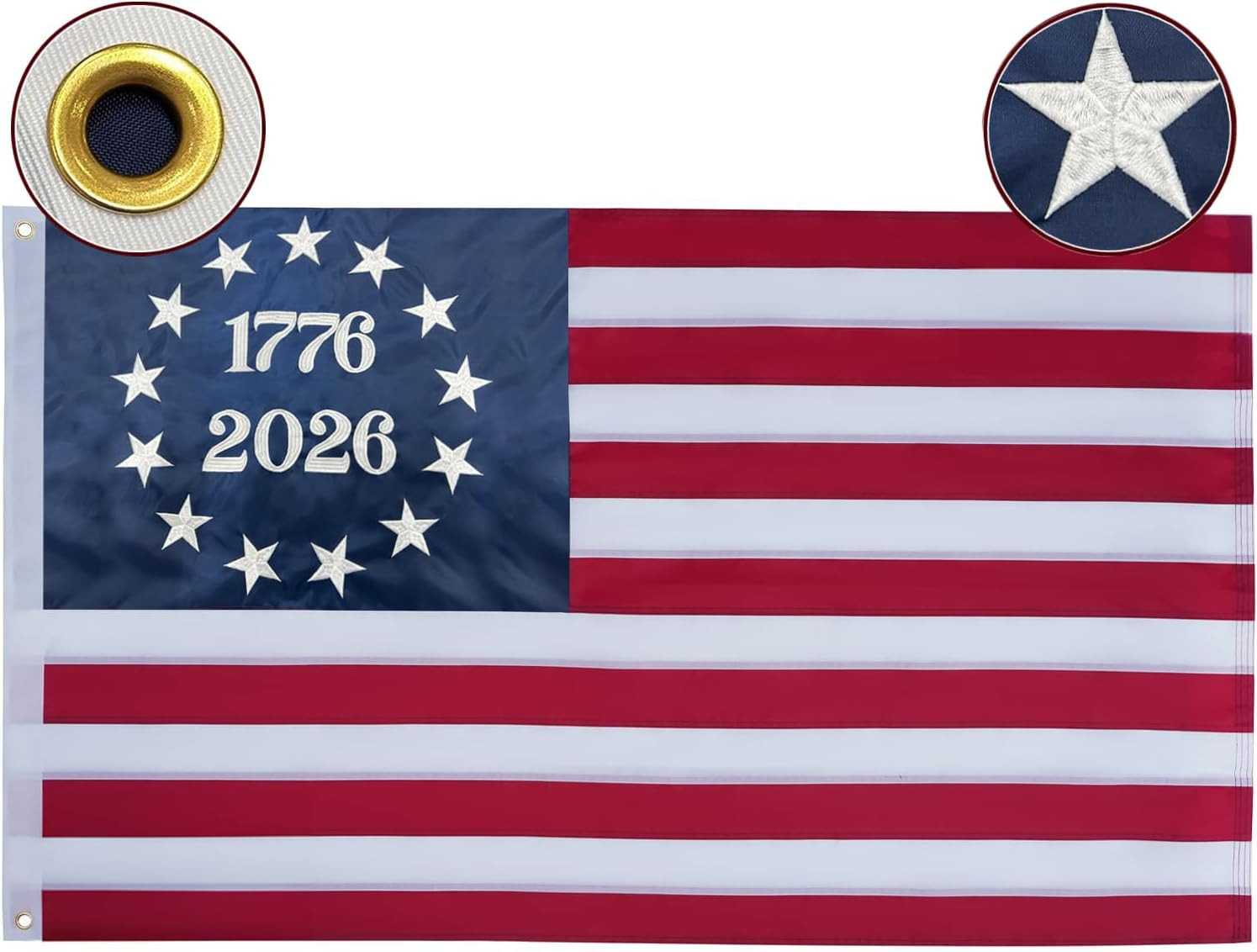 250th Anniversary USA Flag 1776-2026, 3x5 ft Embroidered Bennington Flag, 13 Col 250th Anniversary USA Flag 1776-2026, 3x5 ft Embroidered Bennington Flag, 13 Col