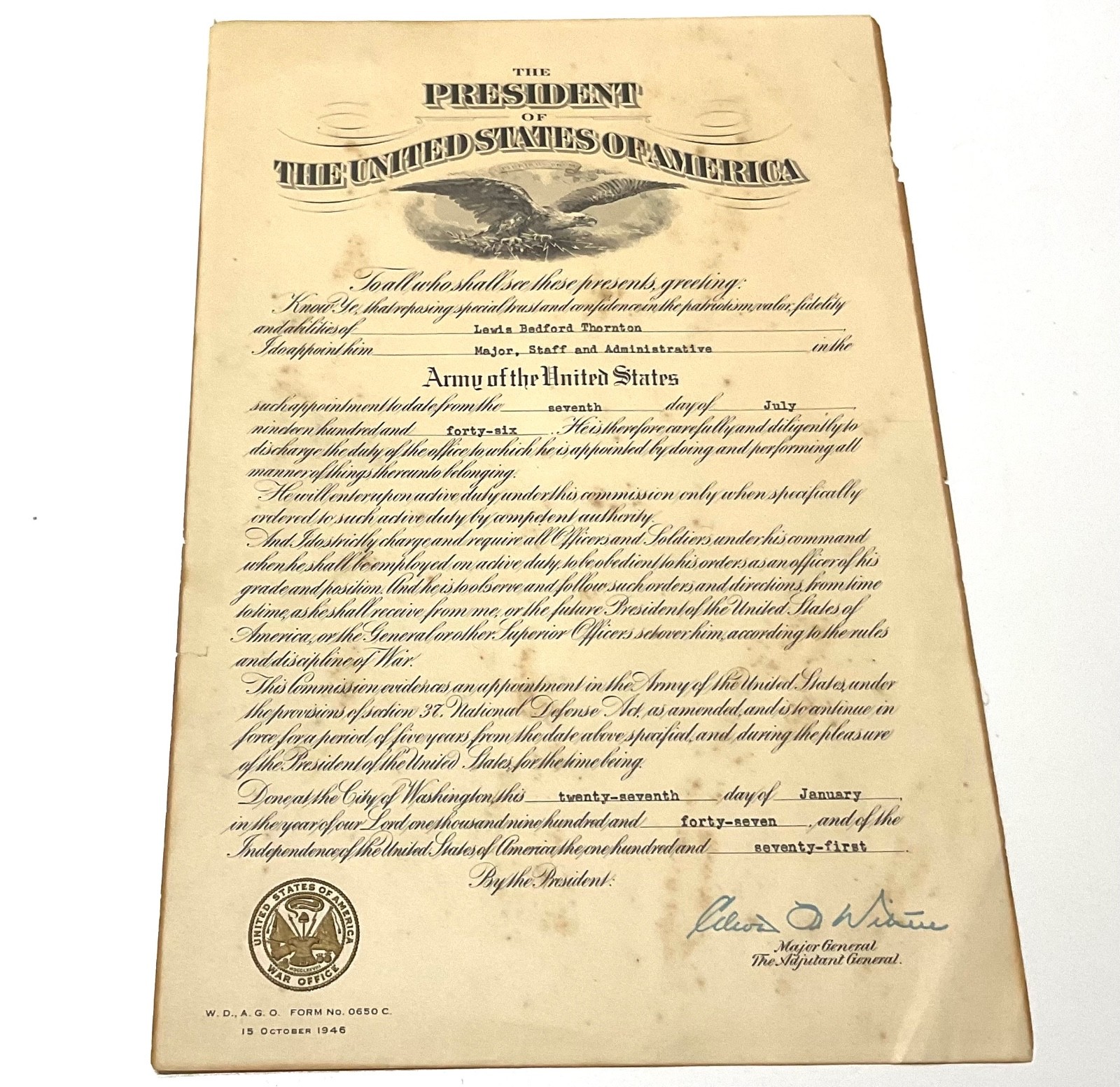 1947 US Army Officer Commission Certificate Major Lewis Bedford Thornton Truman 1947 US Army Officer Commission Certificate Major Lewis Bedford Thornton Truman