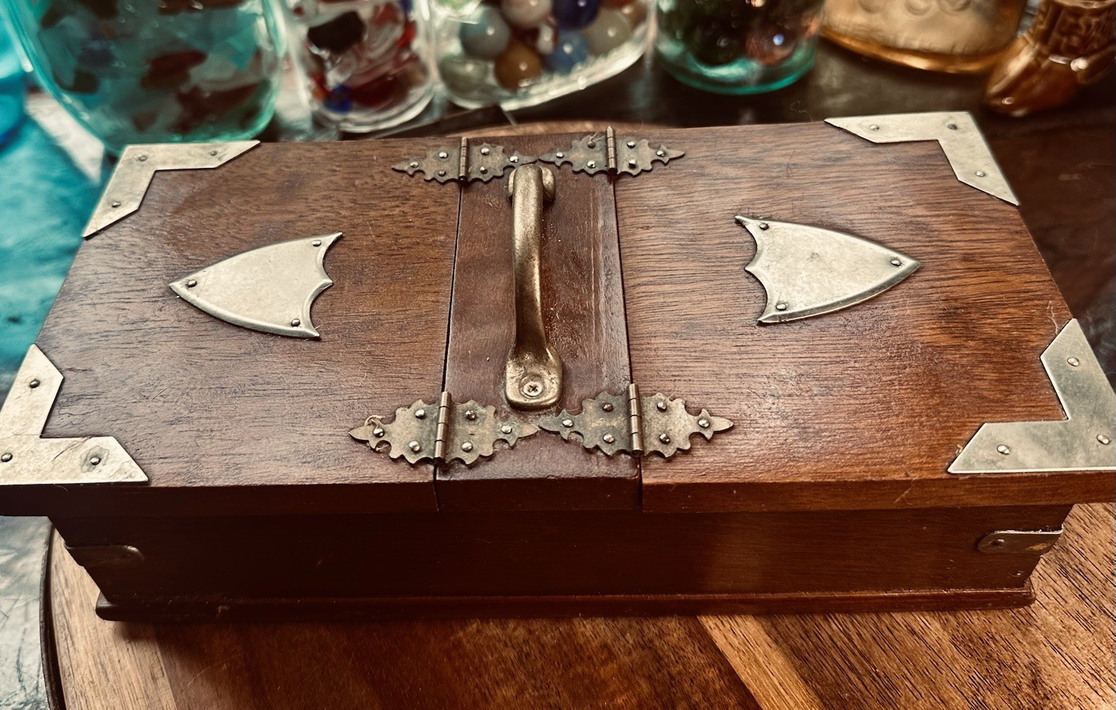 Antique English Oak & Silver Plated Hinged Box. Wooden Humidor Cigar Box. 1920