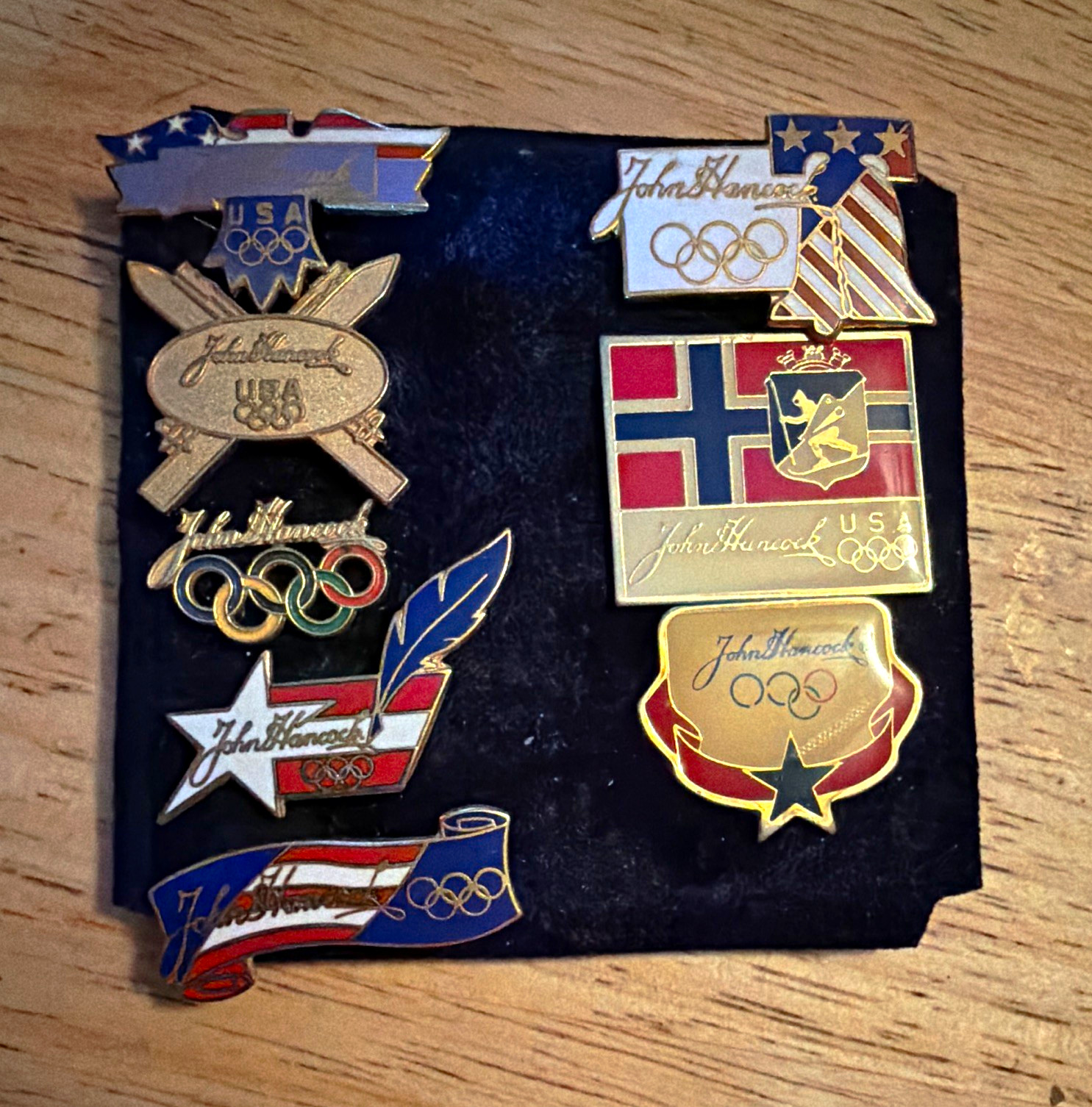 John Hancock Lot of 8 Olympics Pinback Pins w/ Olympic Rings USA & Norway Flags John Hancock Lot of 8 Olympics Pinback Pins w/ Olympic Rings USA & Norway Flags