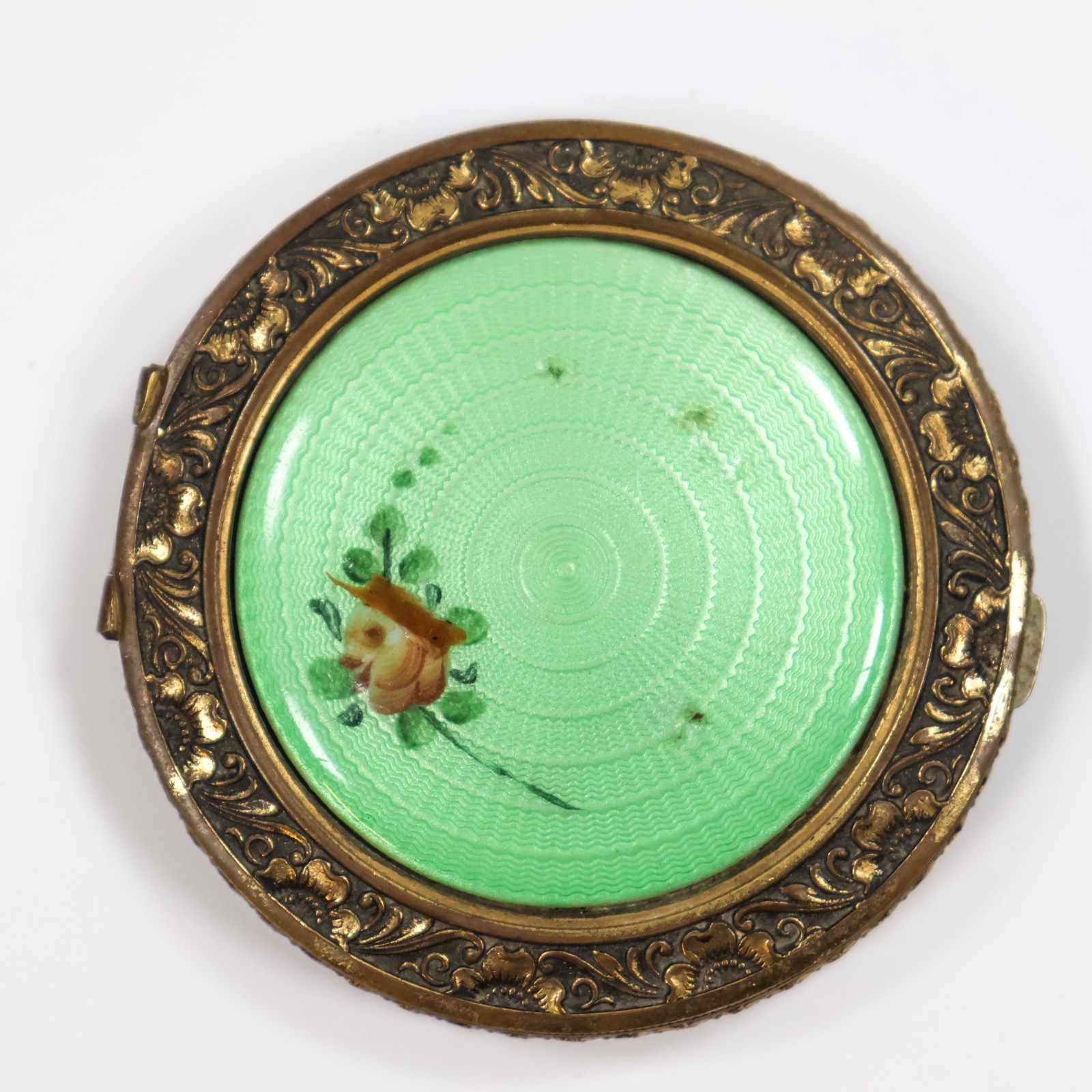 Vtg Guilloche Enamel Compact with Mirror Green Roses Floral 1930s Evans Mayfair Vtg Guilloche Enamel Compact with Mirror Green Roses Floral 1930s Evans Mayfair