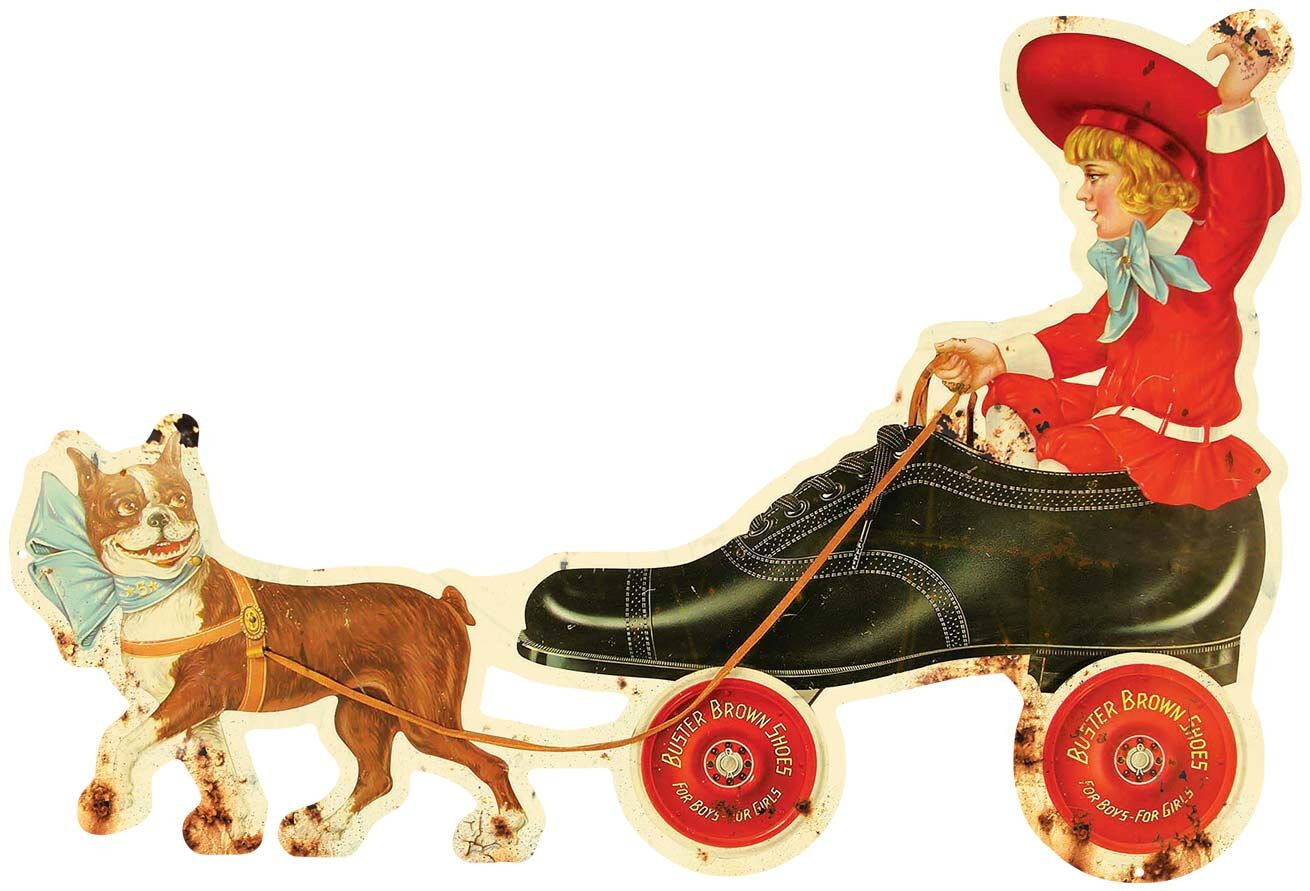 BUSTER BROWN BOY GIRL SHOES WITH DOG 24" HEAVY DUTY USA METAL ADVERTISING SIGN BUSTER BROWN BOY GIRL SHOES WITH DOG 24" HEAVY DUTY USA METAL ADVERTISING SIGN