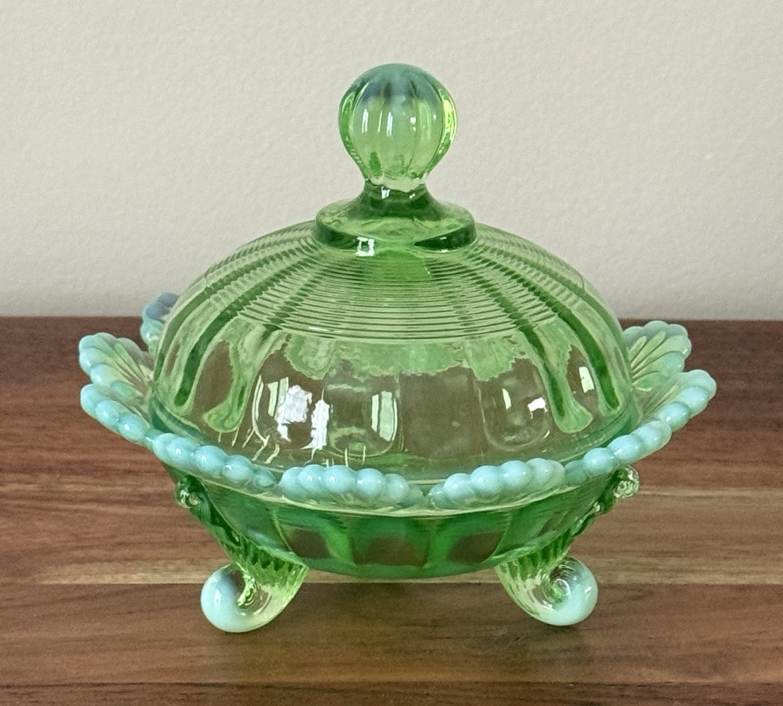 Mosser Glass - COVERED FOOTED CANDY DISH - GREEN OPAL - 5" d x 4.5" h Mosser Glass - COVERED FOOTED CANDY DISH - GREEN OPAL - 5" d x 4.5" h