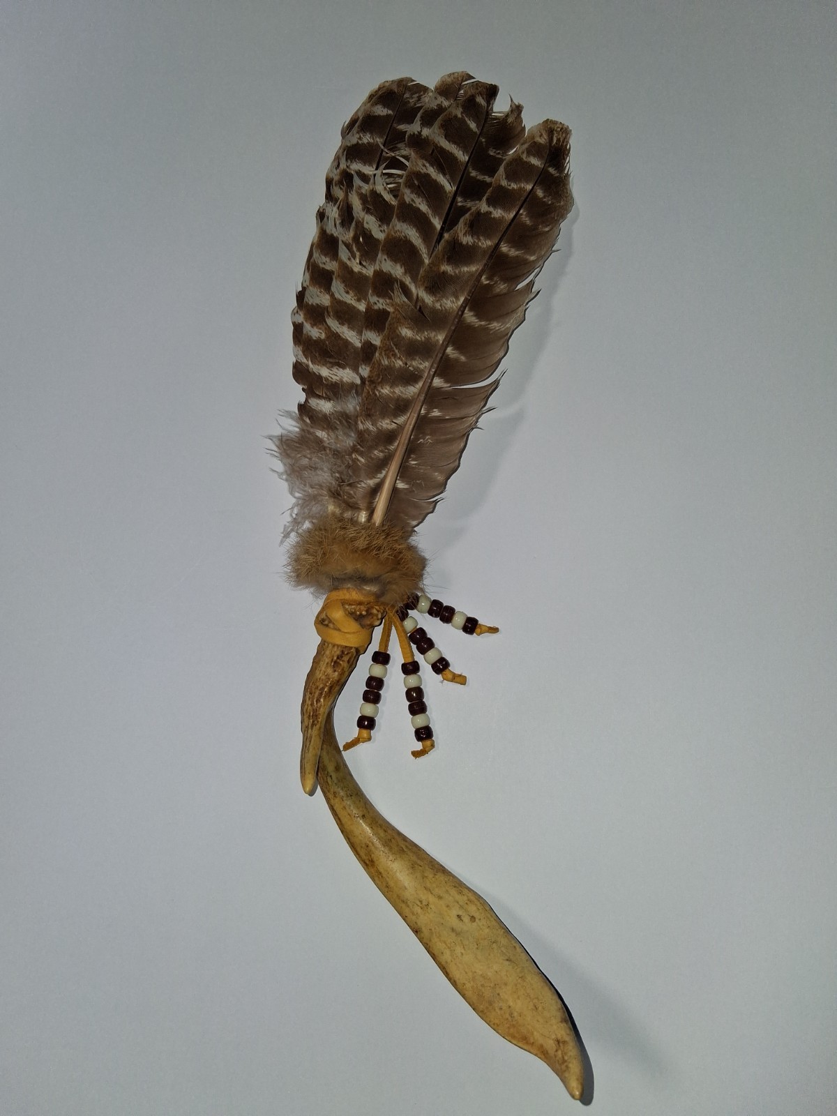 Native American Made Brown Turkey Feather Smudge Fan Deer Antler Prayer Fan - EC Native American Made Brown Turkey Feather Smudge Fan Deer Antler Prayer Fan - EC