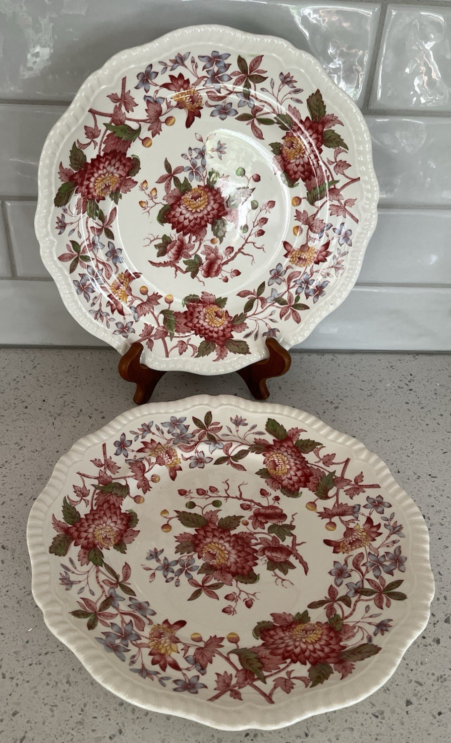 Vtg Set of 2 Copeland Spode Aster Red Dinner Plate 10.5 In Gadroon Edge England Vtg Set of 2 Copeland Spode Aster Red Dinner Plate 10.5 In Gadroon Edge England