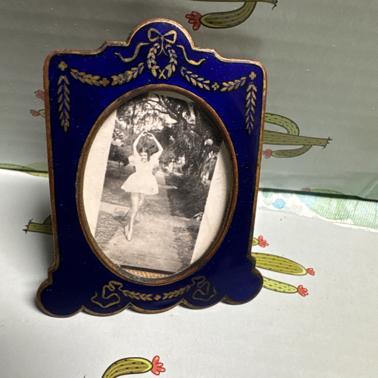 Antique Miniature Victorian Blue gold Enamel Picture frame w ballerina photo  Antique Miniature Victorian Blue gold Enamel Picture frame w ballerina photo 