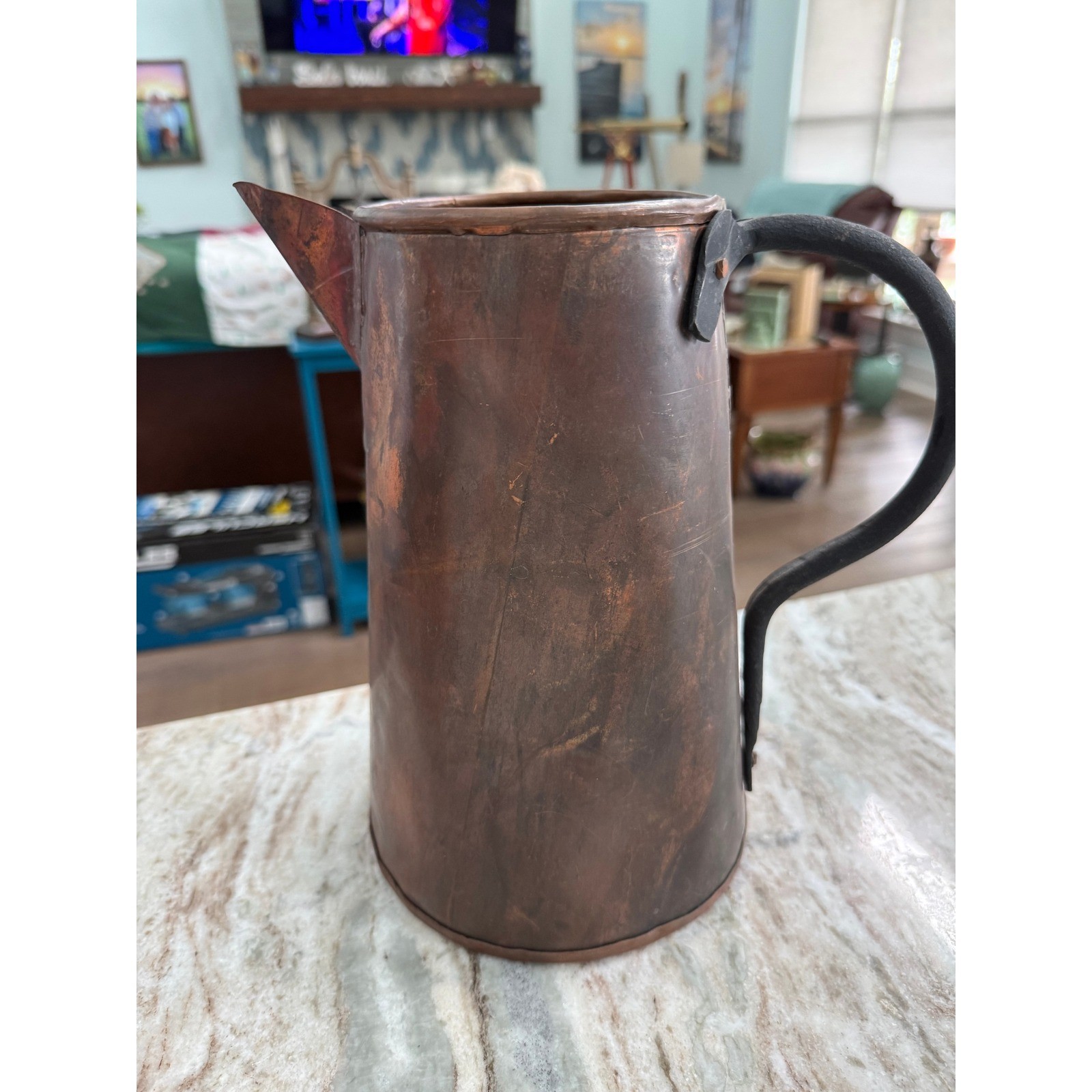 Antique Copper Pitcher Wrought Iron Handle Primitive Dovetail Seam Rustic Jug Antique Copper Pitcher Wrought Iron Handle Primitive Dovetail Seam Rustic Jug