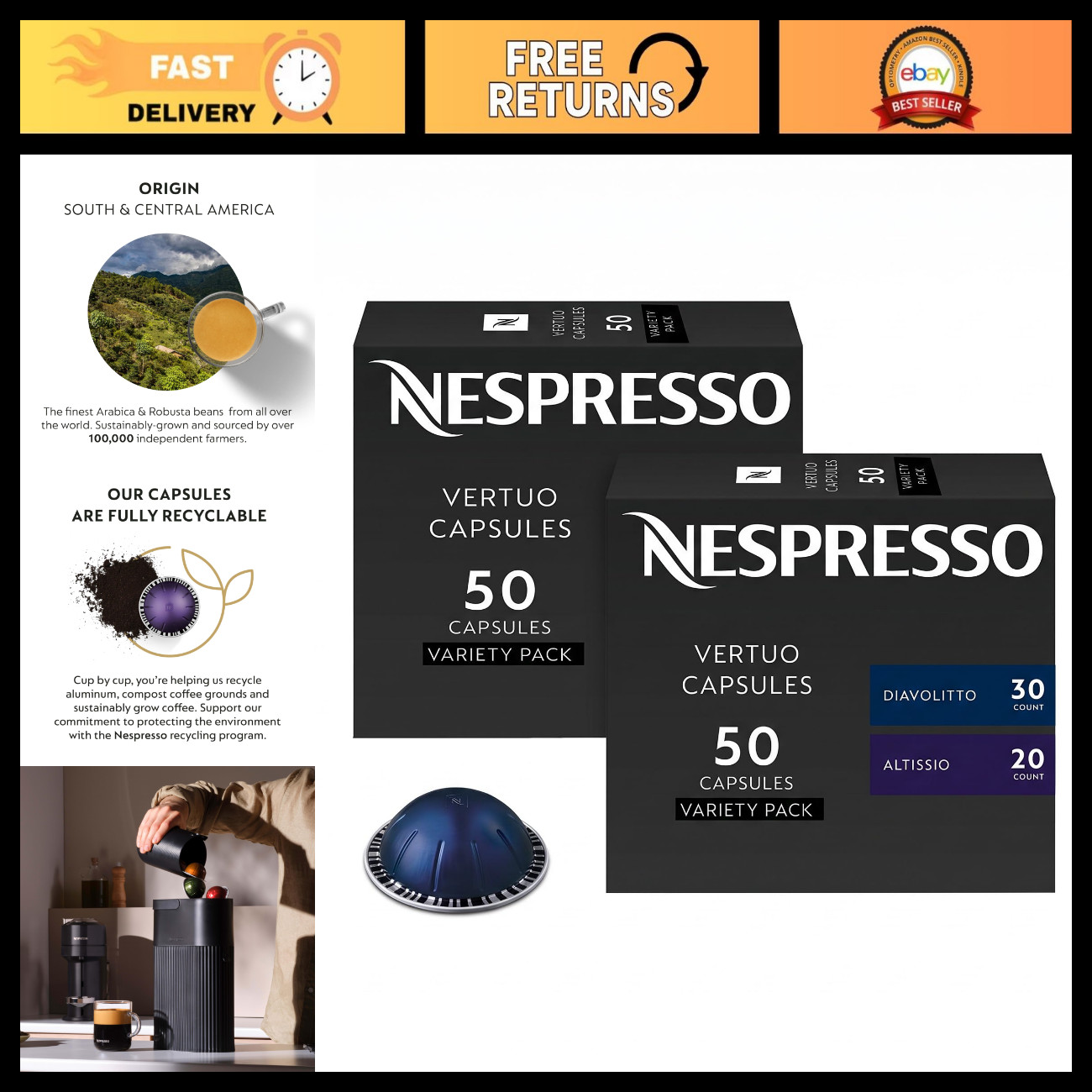 Nespresso Capsules Vertuo, EspressoVariety Pack, Medium and Dark Roast Espresso, Nespresso Capsules Vertuo, EspressoVariety Pack, Medium and Dark Roast Espresso,