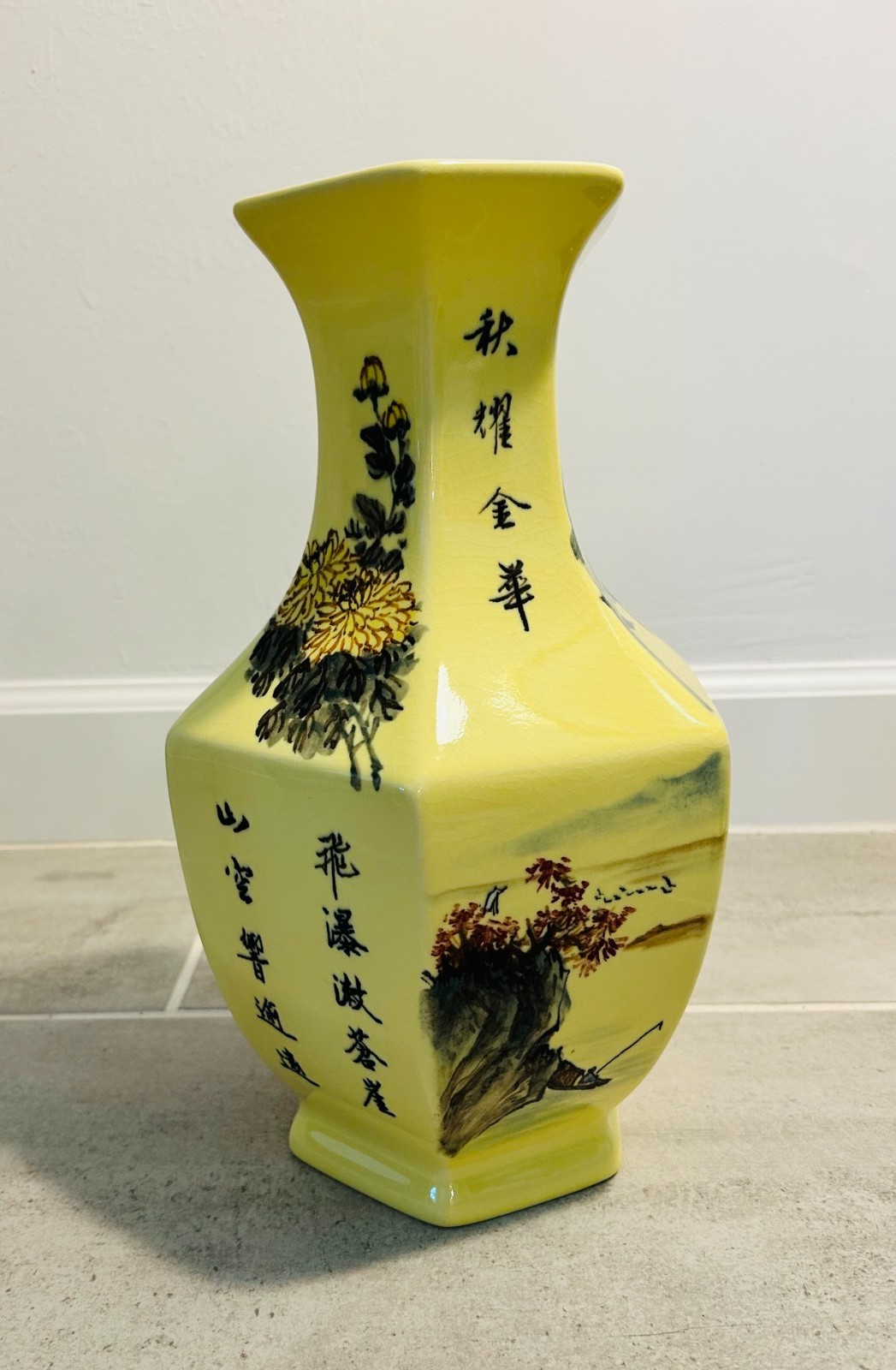 VTG Antique CHINESE hand painted vase landscapes and calligraphy 14+" hexagonal VTG Antique CHINESE hand painted vase landscapes and calligraphy 14+" hexagonal