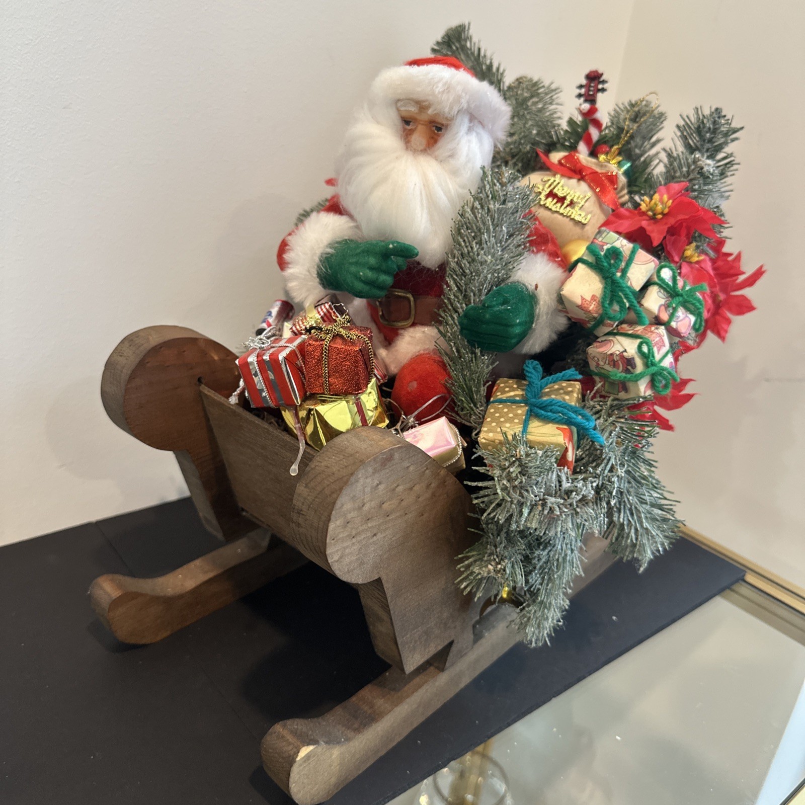 Vintage Flocked Santa In Sleigh With Gifts 13”